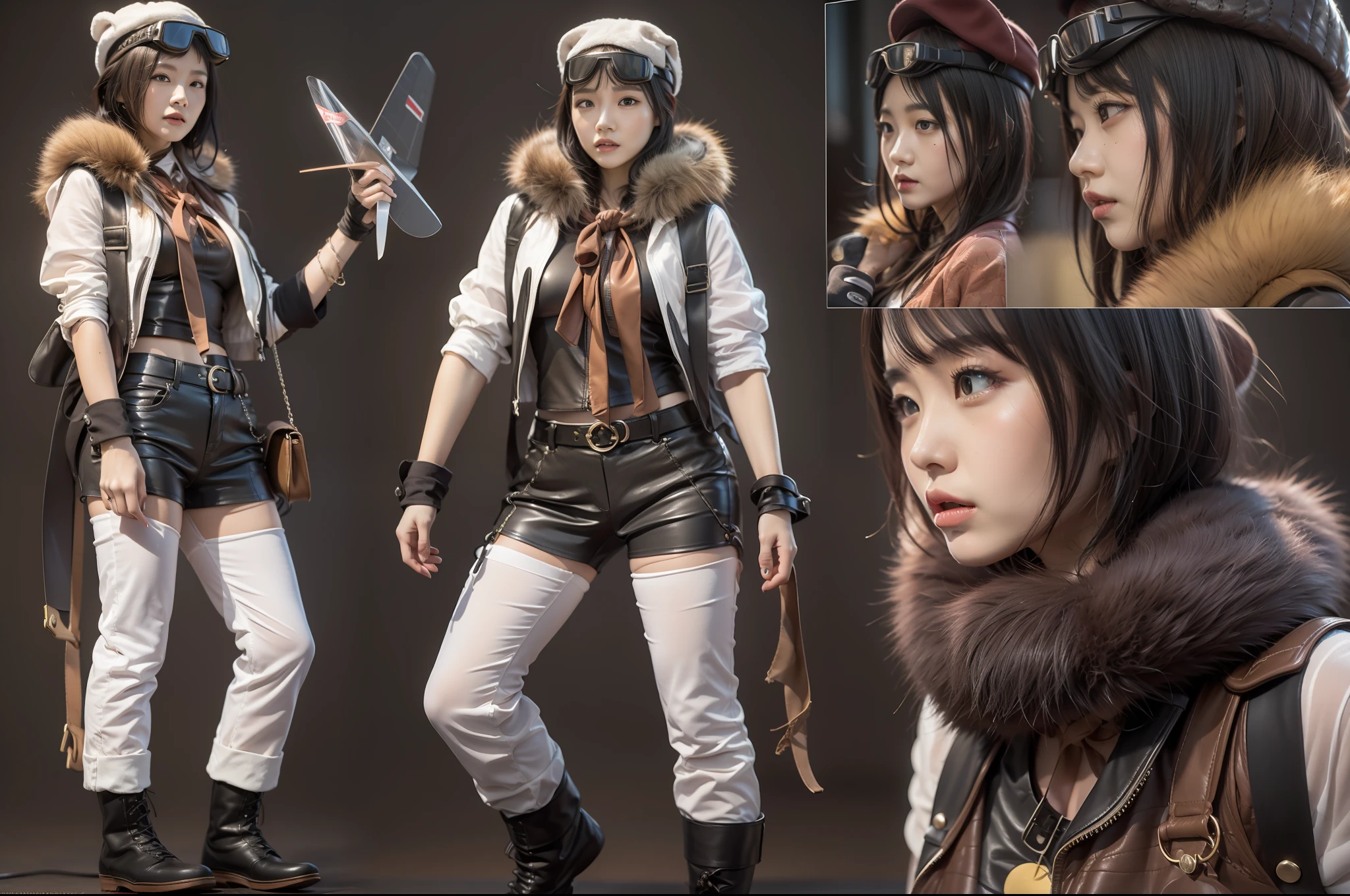 1 cute girl,26 year old, No makeup,Clear pores,Extremely detailed eye clarity ,Detailed skins,Realistic skin texture,Real skin texture,Highly Detailed Face and Skin Textur,D cup,broad shoulder,Small round buttocks,Small head, Slender thighs, (Wear a leather purse bandeau/Leather pants/Goggles pinned to the fur hat/Leather gloves/A silk scarf was tied around his neck), (with short black hair/Hippie fever), Propeller plane background, 真实感:1.3,ambient lights:1,Ultra photo realsisim, Photo realism,Real human photos,High-quality photos, Hyperrealistic, cinmatic lighting,Kodak Visual Color,Add noise:0.8, A half body:0.3, Seductive pose:0.9, Provocative expressions:0.9, (crowd of:1.2)