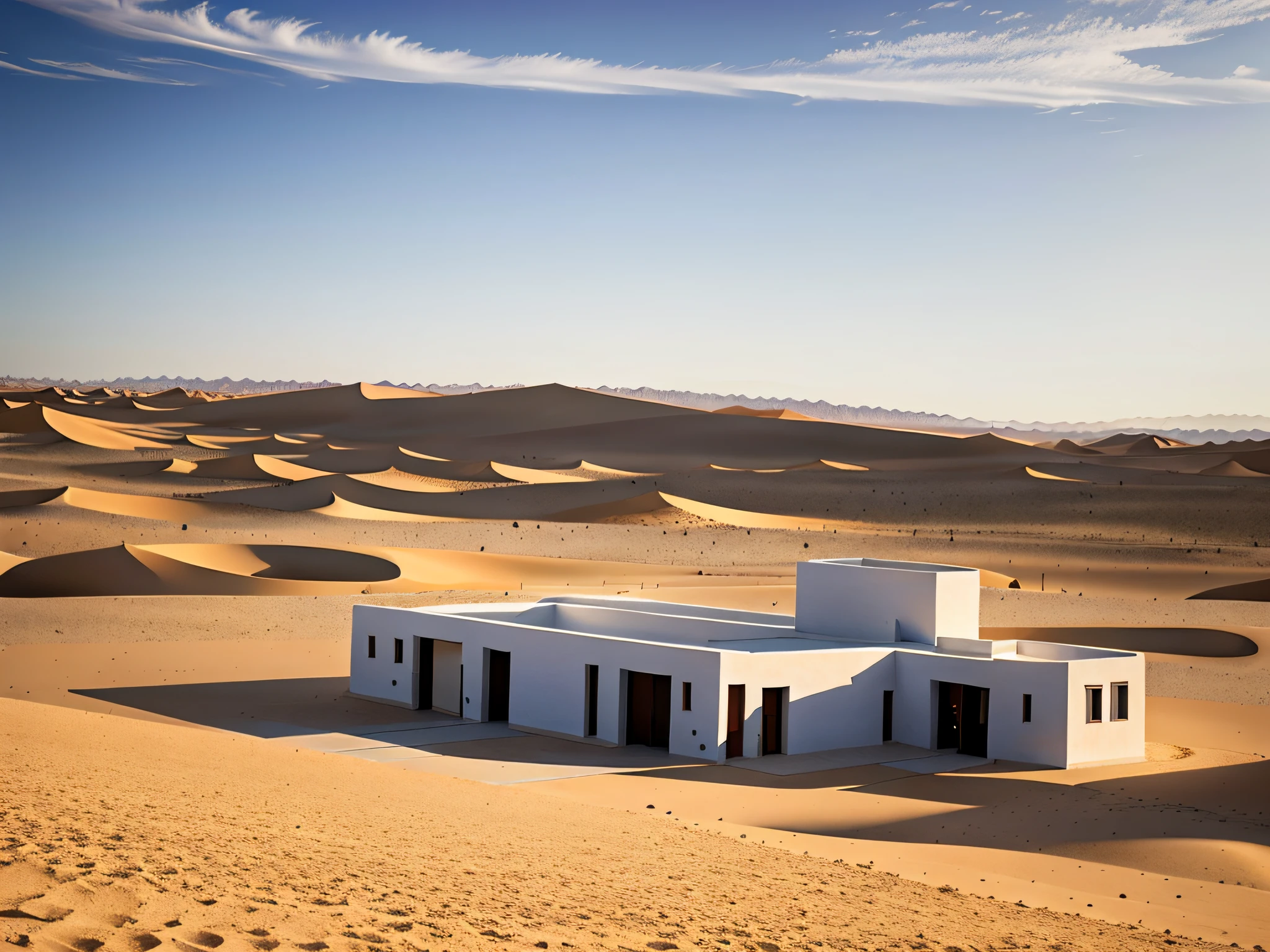The desert is vast,There is a white mosque in the desert。