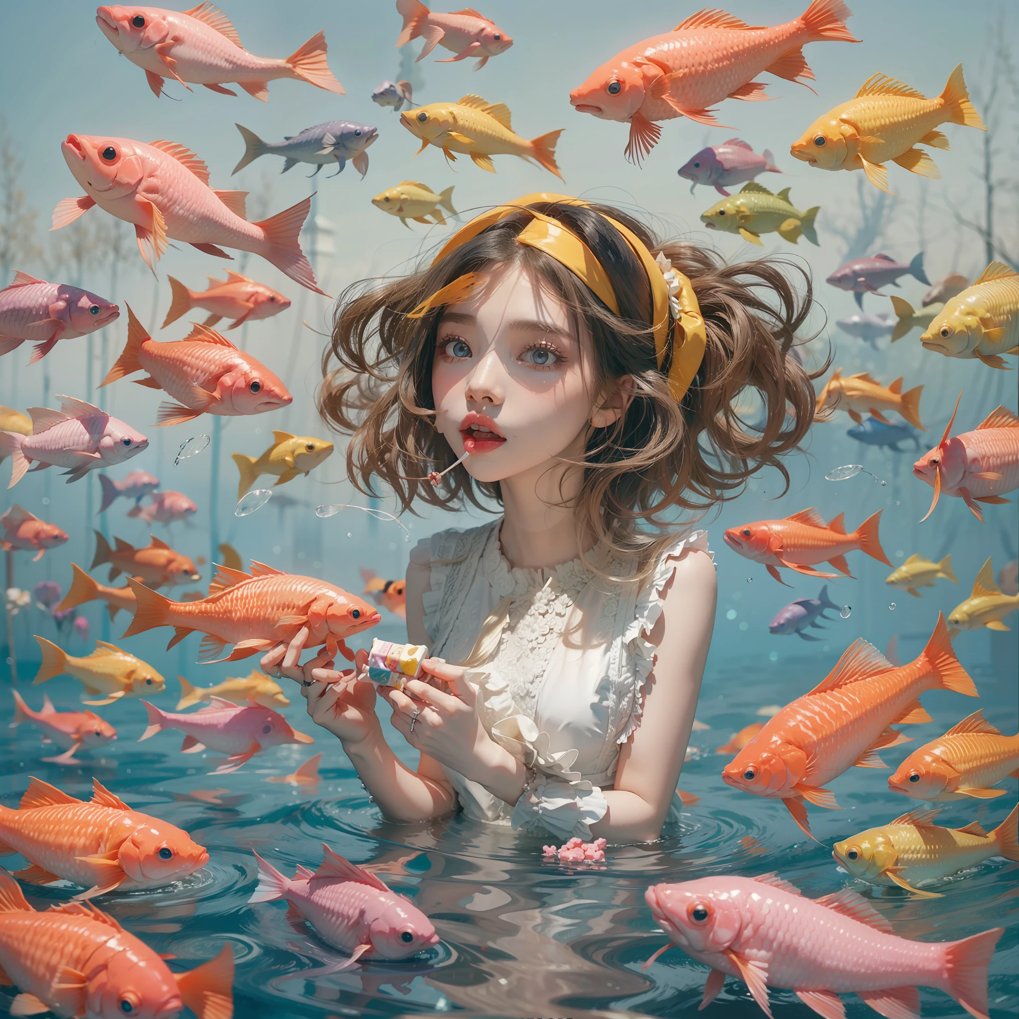 En estilo surrealista y realista. Una fuente, Hermosos peces flotando en el aire, A girl eating a candy. weird, Beautiful. --ar 3:2 --q 5 --s 350 --c 50 --w 300 --v 5.2 --estilo crudo