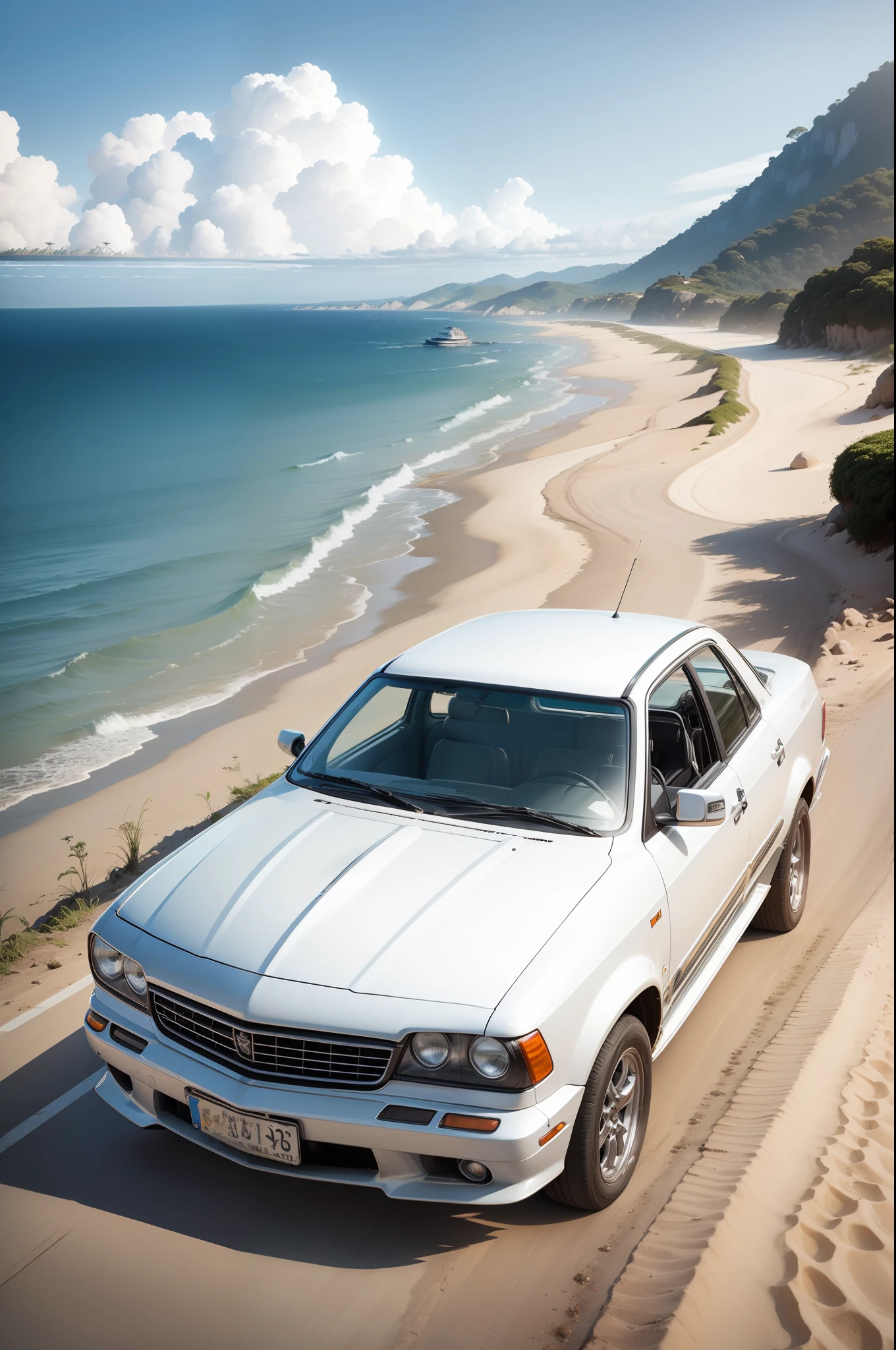 carro branco, estrada, vista praia, realista