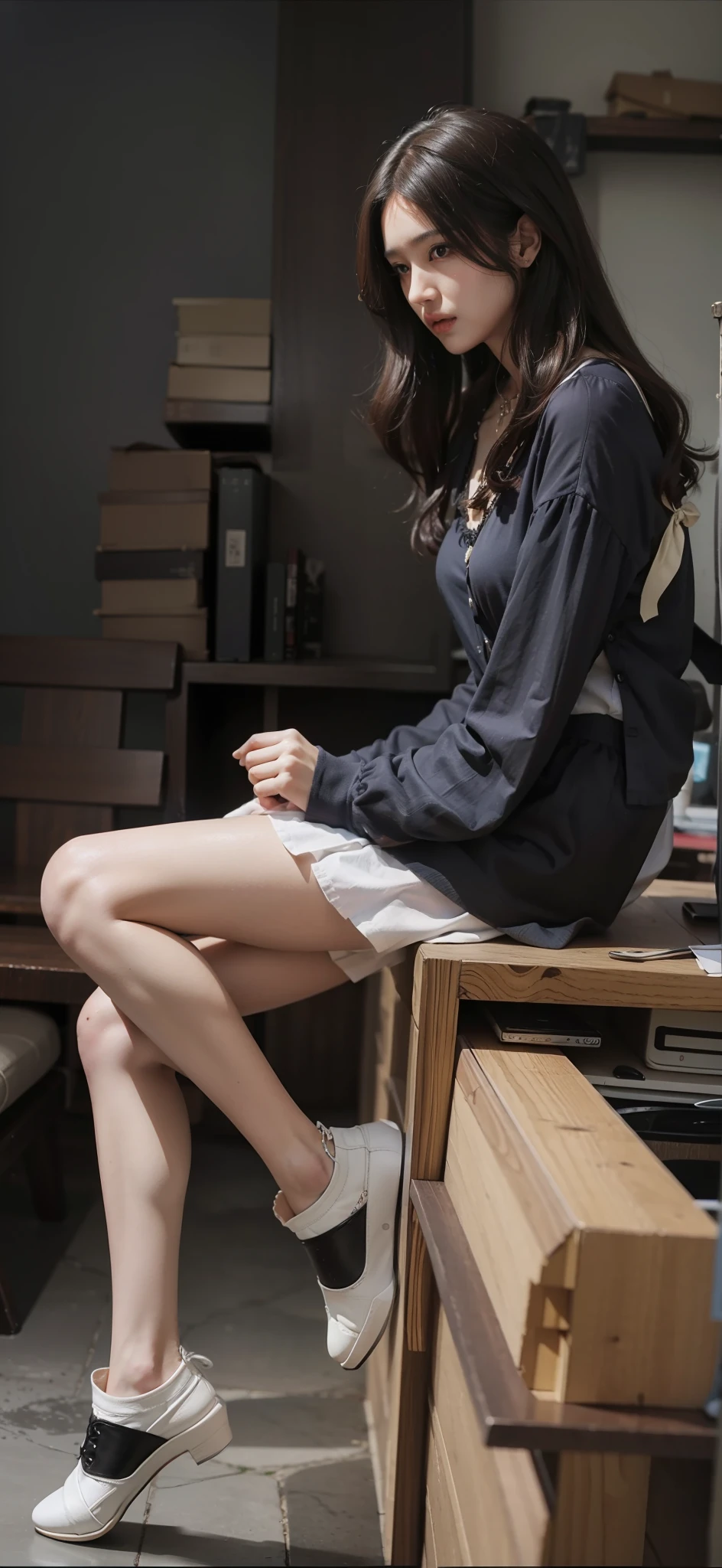 （best qualtiy，A high resolution，tmasterpiece：1.3），A tall and beautiful woman，Dark brown hair in loose wavy styling，nedium breasts，Wear a pendant，white button-down blouse，a black skirt，Beautifully rendered details in face and skin textures，Detailed eyes，二重まぶた