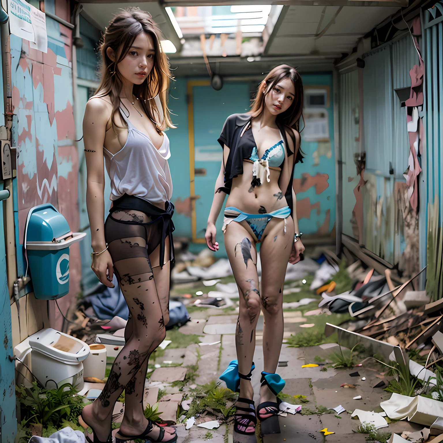 abandoned toilet，Sexy standing pose，Garbage all over the ground，grimy，Dilapidated，Devastated，best qualtiy，full-body portraits（1：1），delicated face，18 years old girls，lean and slender body，Skinny，Smaller bust，The barefoot，junk，exhibitionism，exhibitionists，no clothes are worn，don't have clothes