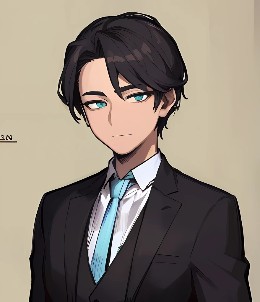 ((Masterpiece))), (((Best Quality))), ((Ultra-detailed)), (very detailed illustration (Masterpiece: 1.2), (Best Quality: 1.3), 1 guy standing Guy in a formal suit with a black tie . Dark hair, Cyan eyes