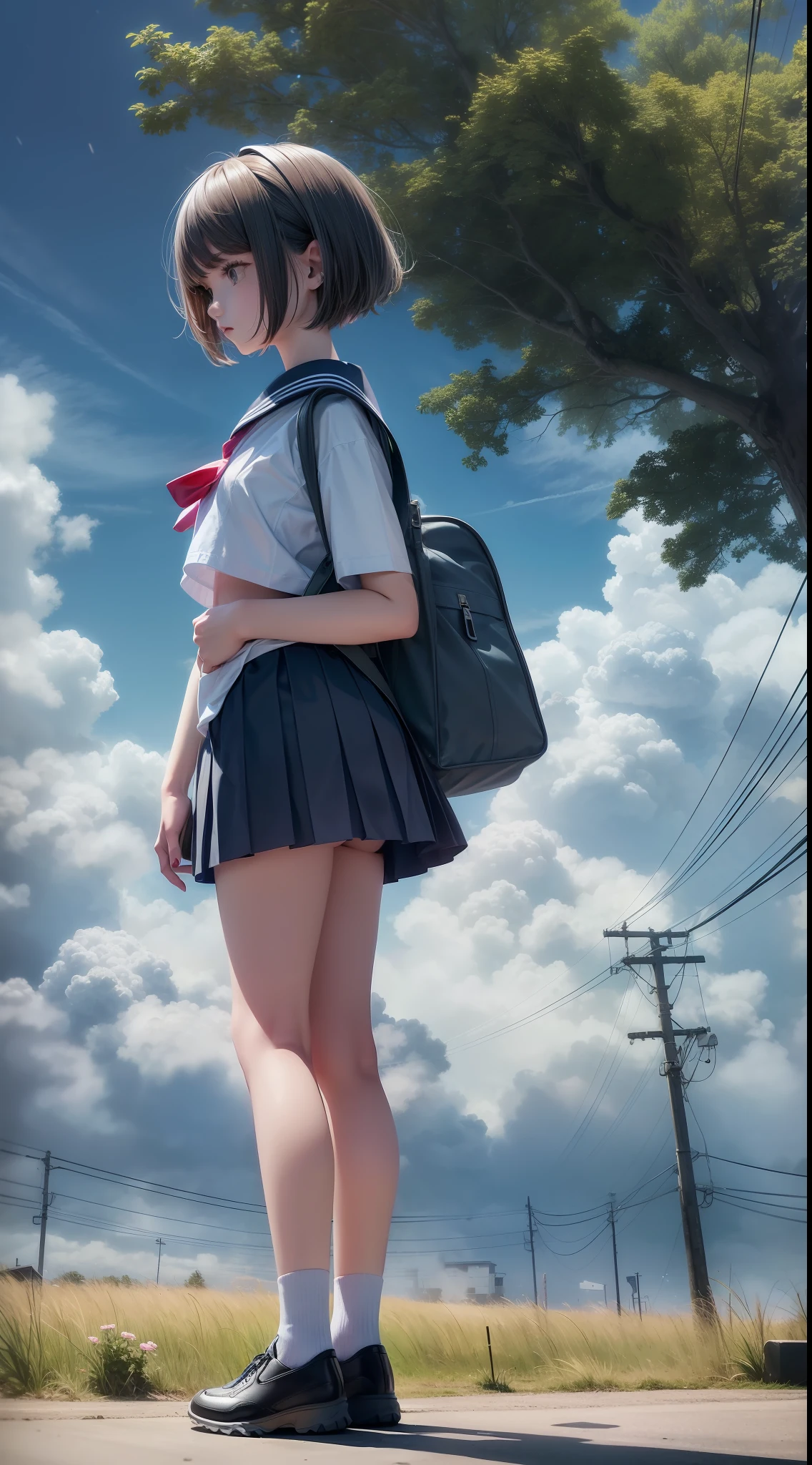 4k,neon, best quality, hyper detail,1girl, , cloud, bag, short hair, outdoors, skirt, school uniform, school bag, white shirt, blue sky,full body, short sleeves, power lines, cloudy sky, standing, hand in pocket, cumulonimbus cloud, sailor collar, tree, light particles