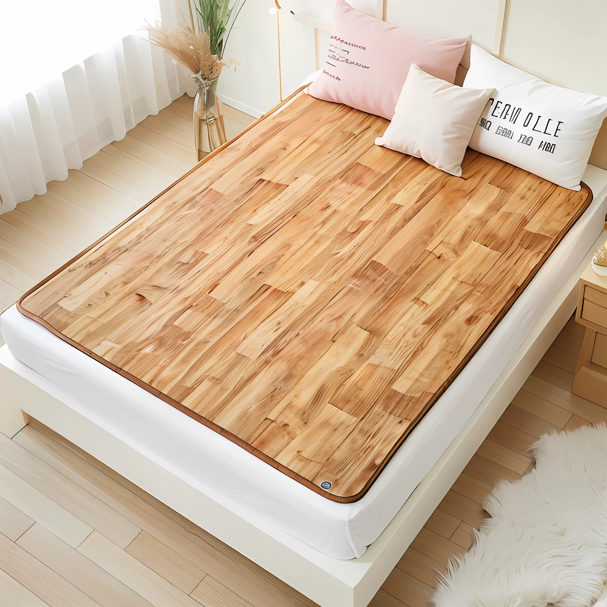 There is a bed with wooden upholstery and pillows, full subject shown in photo, Bamboo tree, wood, Softness - warmth, h. U. d, Warm wood, solid, Nanquan, GAB, Hippie Pad, Aokan, oak tree, sha xi, bottom angle, Full Product Shot, Natural wooden tops, Mahogany tree, medium full shot