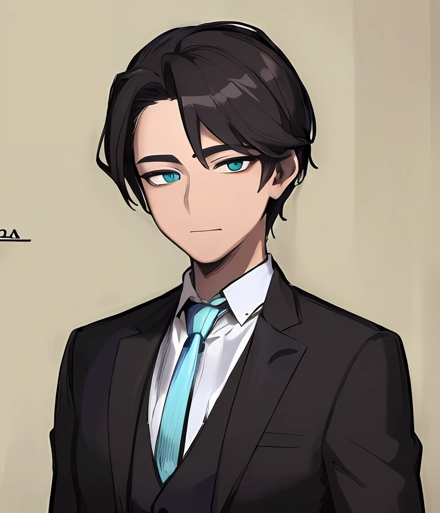 ((Masterpiece))), (((Best Quality))), ((Ultra-detailed)), (very detailed illustration (Masterpiece: 1.2), (Best Quality: 1.3), 1 guy standing Guy in a formal suit with a black tie . Dark hair, Cyan eyes