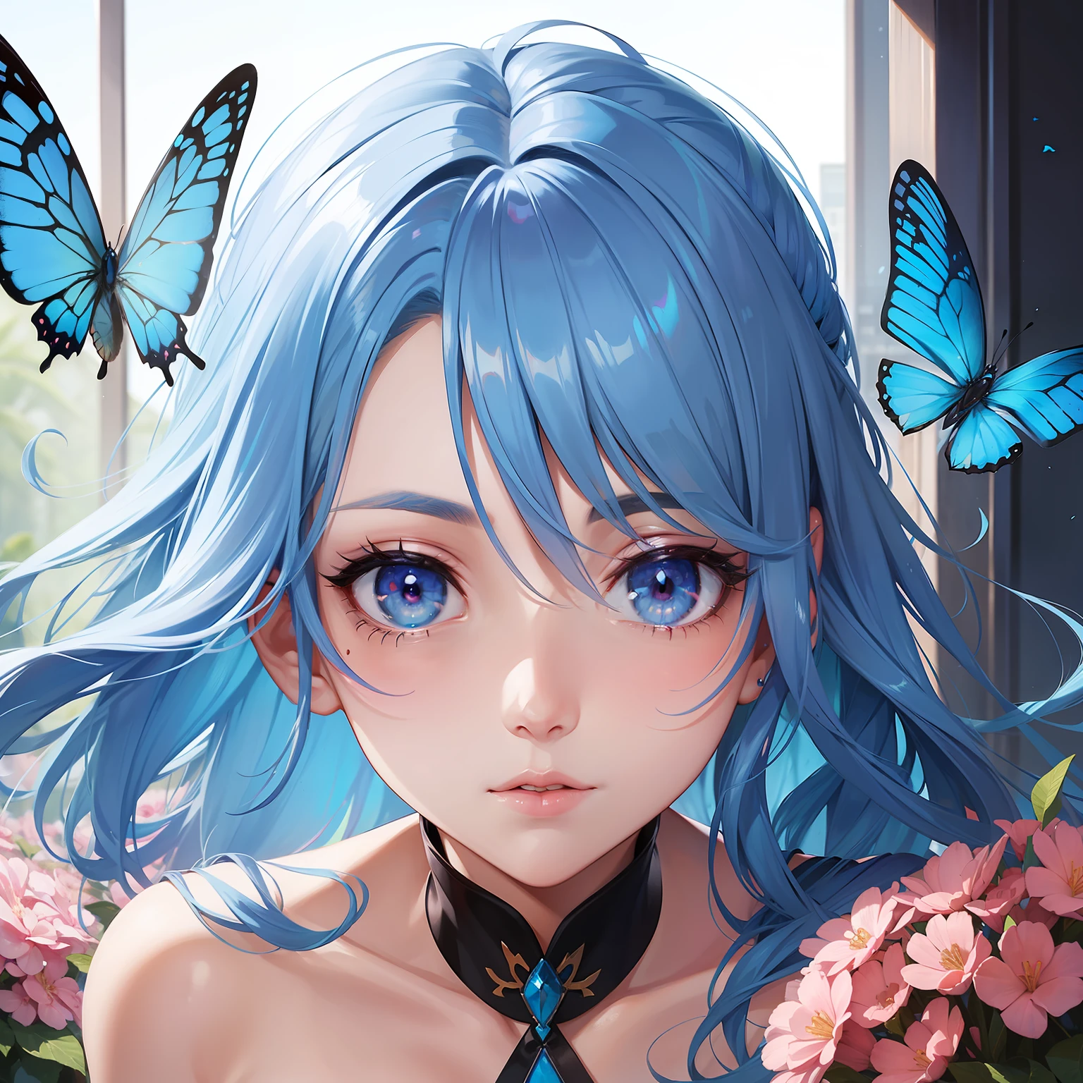 a women, blue butterfly, blue hair, pink eyes