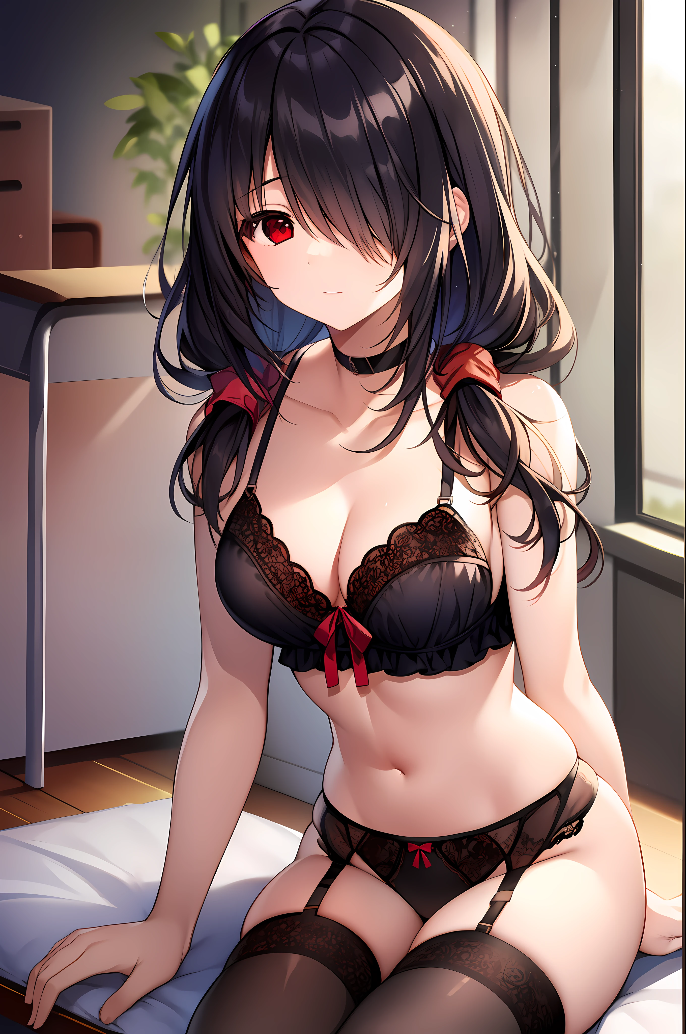 tokisaki kurumi, black hair, low twintails, (hair over right eye:1.5), (red eyes:1.2), (small breast:1.2), 1girl, masterpiece, best quality, black bra, black panties, nsfw, cleavage, lace trim, garter straps, black thighhighs, classroom, sitting, look at viewer, lingerie