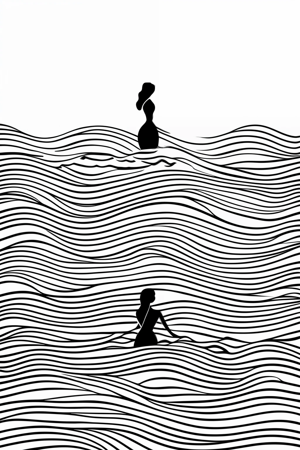 a black and white drawing of a woman bathing in the waves, vector line - art style, illustration black outlining, illustration line art style, thick vector line art, line art portrait, exquisite line art, line art illustration, in style of digital illustration, vector line art, outlined art, vector style drawing, bold line art, glowwave girl portrait, thin line art