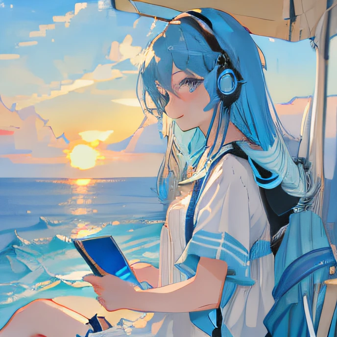 Dusk sunset,the sea,Anime blue-haired girl wearing blue and white headphones looking down at her phone and listening to songs