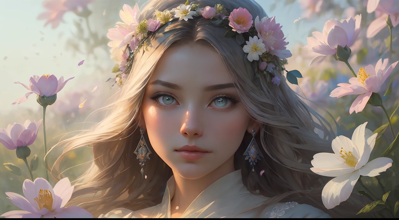 This artwork is dreamy and ethereal, with colors drawing inspiration from gentle watercolors, primarily pink. Generate a delicate and demure flower maiden with soft, realistic hair dancing in the breeze. Her sweet, realistic face is extremely detailed and has puffy, big lips and stunning, highly realistic eyes. Her eyes are important and should be realistic, highly detailed, and beautiful. The flower maiden is wearing delicate and elegant fabric of silk and satin. She is surrounded by beautiful flowers of varying sizes and colors and flower petals dancing in the wind around her. The background is detailed, wild, and unruly, with wildflowers and wind and pollen creating a dynamic and compelling image. She wears an ornately flowered headdress that enhances her soft beauty. Include a soft watercolor sky. Include fantasy details, enhanced details, iridescence, colorful glittering wind, and pollen. Pay special attention to her face and make sure it is beautifully and realistically detailed. The image should be dreamy and ethereal.8k, intricate, elegant, highly detailed, majestic, digital photography, art by artgerm and ruan jia and greg rutkowski, (masterpiece, finely detailed beautiful eyes: 1.2), hdr, realistic skin texture, ((fantasy00d:1)), rays of light, ornate flowers, dew drops, sunlight, hazy rays of sun, flowergateway style, castle, palace, archway, flowers, growing