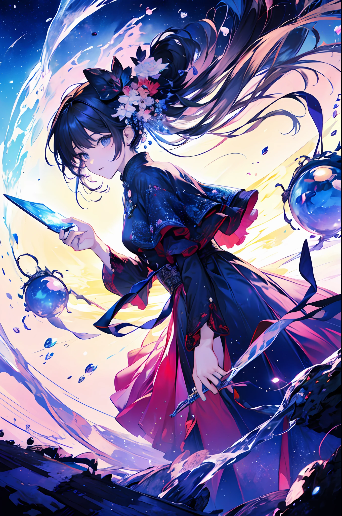 A universe with stars,The Big Bang of Stars,energy sphere,glass flowers,chinesedragon,themoon