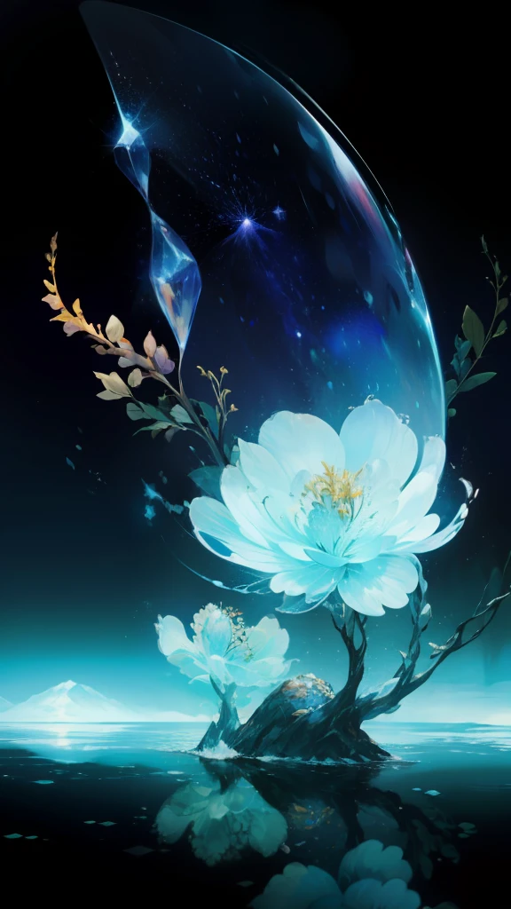 A universe with stars，The Big Bang of Stars，energy sphere，glass flowers，chinesedragon，themoon