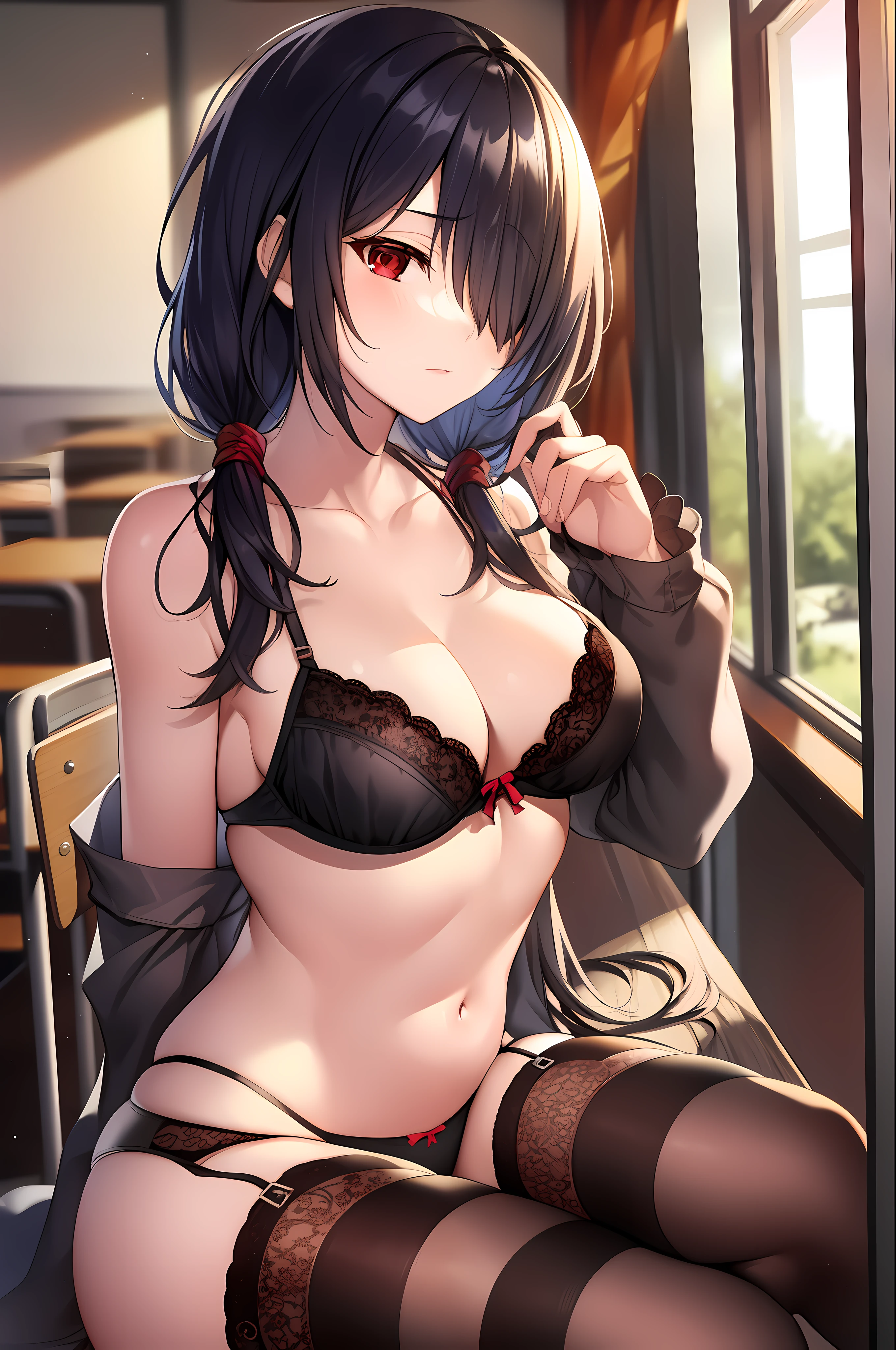 tokisaki kurumi, black hair, low twintails, (hair over right eye:1.5), (red eyes:1.2), (small breast:1.2), 1girl, masterpiece, best quality, black bra, black panties, nsfw, cleavage, lace trim, garter straps, black thighhighs, classroom, sitting, look at viewer, lingerie, sexy