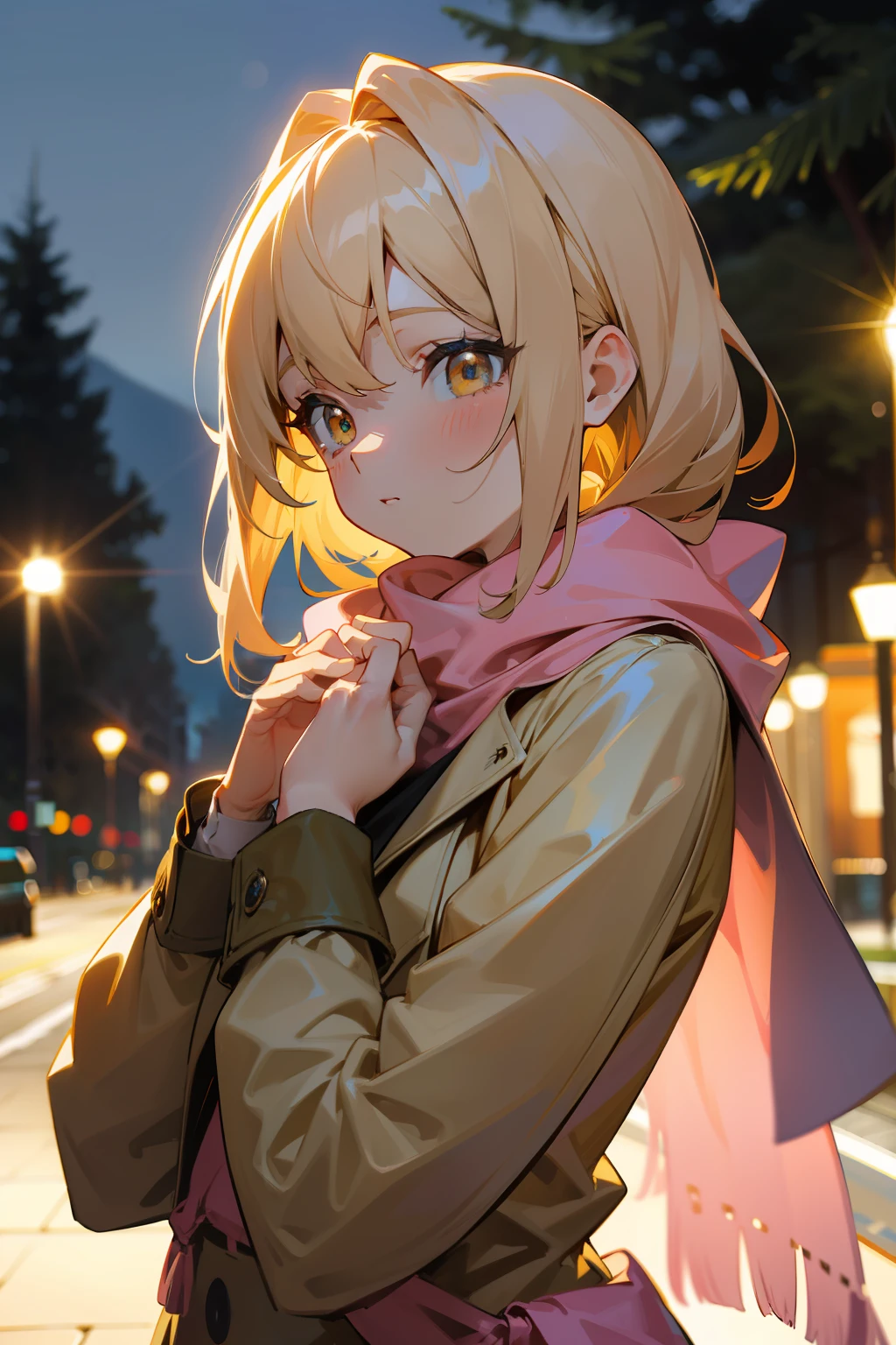 tmasterpiece，Best quality at best，the detail，A high resolution，anime figure，chiquita，Beige hair，Golden eyes，Wrap around a light pink scarf，Wear a sky blue down jacket，Only the upper body can be seen，Side Body，In Park，during night，nevando，There is a huge Christmas tree in the back，There are colorful lights on it