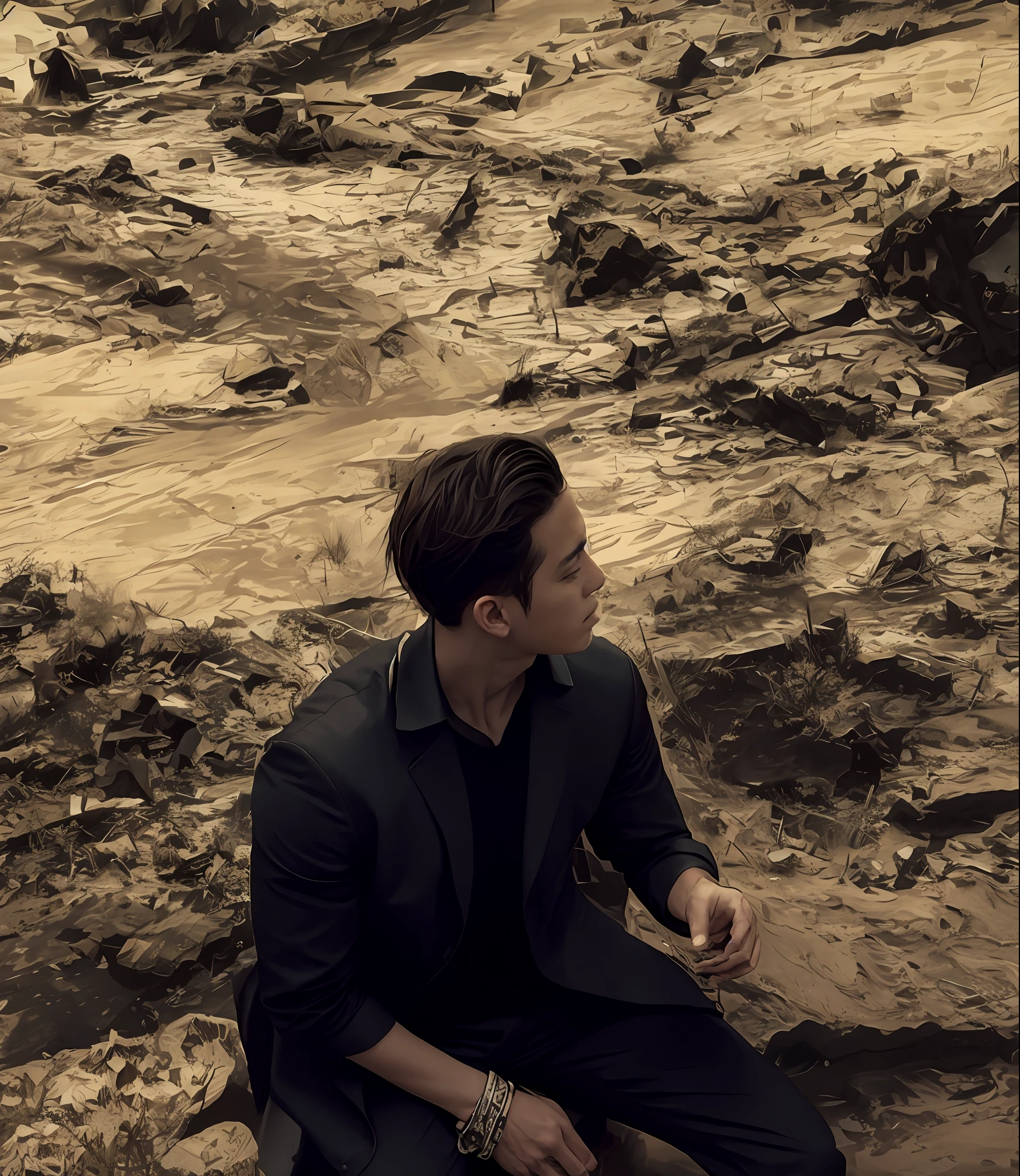 draw a man with a sad mood, a dark landscape,