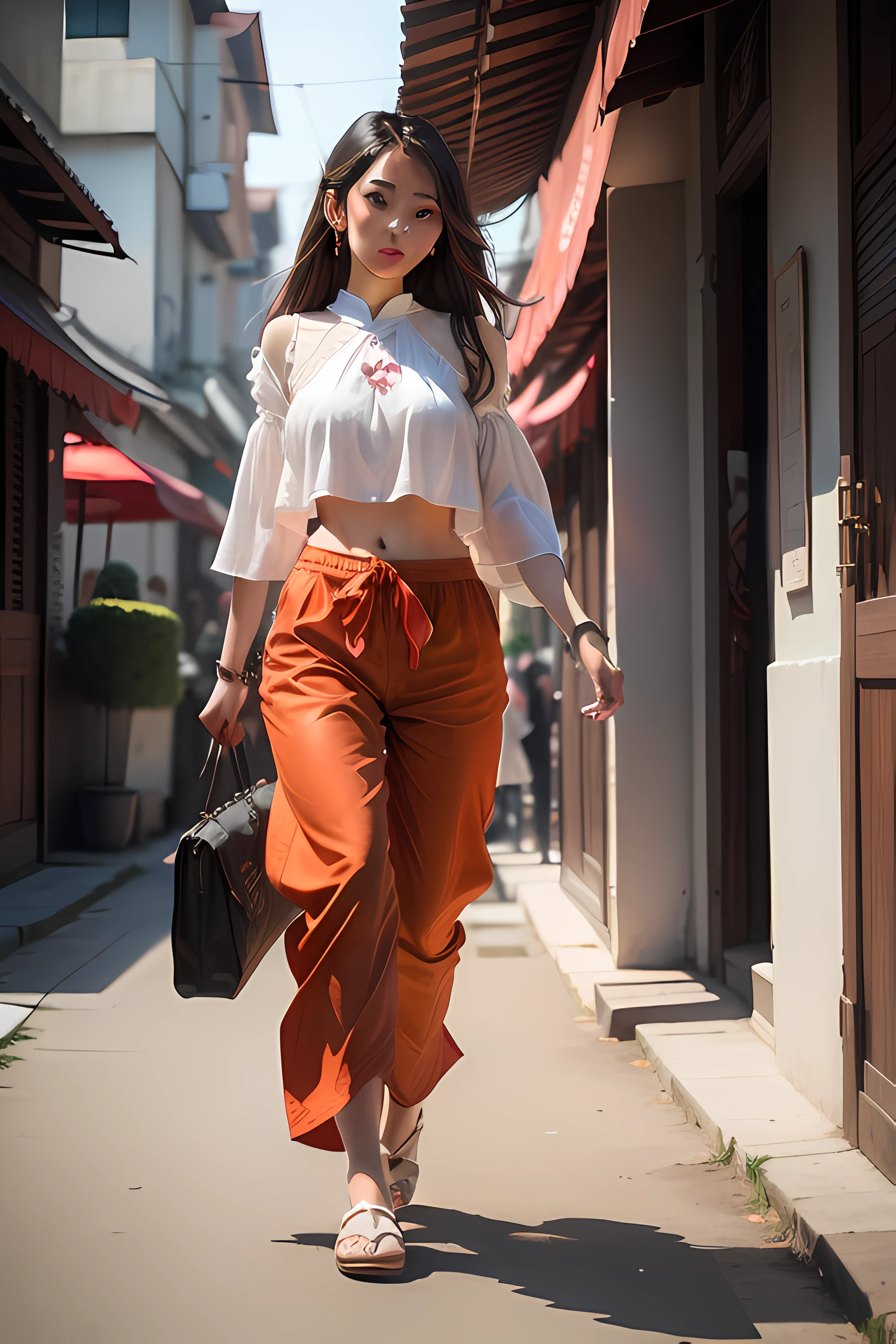 (Best quality: 1.4), (Ultra High resolution: 1.2), (Realistic: 1.4), (8k, RAW photo: 1.2), (Medium lens: 1.4), (brown eyes), Girl walking down the street, wearing (Red Thai elephant harem pants: 1.3), (White top: 1.2), (Beautiful shoes), (Natural light), (Edge light)