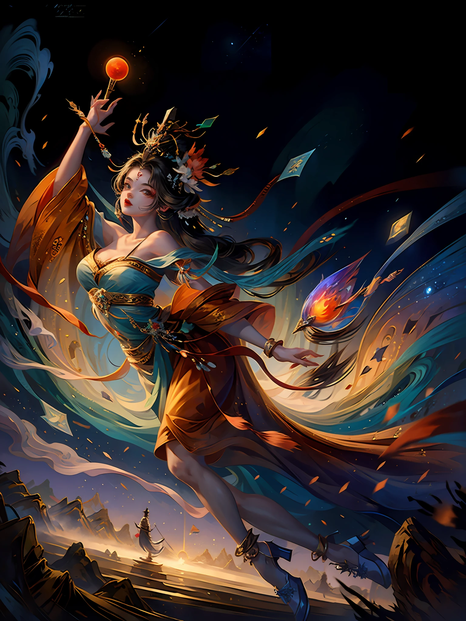 best qualtiy，tmasterpiece，Ultra-fine high resolution，（vividness：1.4），RAW photos，，illustratio，1girll，Dunhuang goddess，（Hair crown：1.2），Traditional chinese dunhuang style clothes，No shoulder strap，（Red eyeliner：1.2），（黑The eye：1.4），ear jewelry，dynamic angle，opera house，Messy_Long_Hair，ink，cinematric light，lens_flare，velvet，nipple tassels，Ribbons，color embroidery，The upper part of the body，facing at camera，dynamicposes，The large，Embroidered cloth shoes