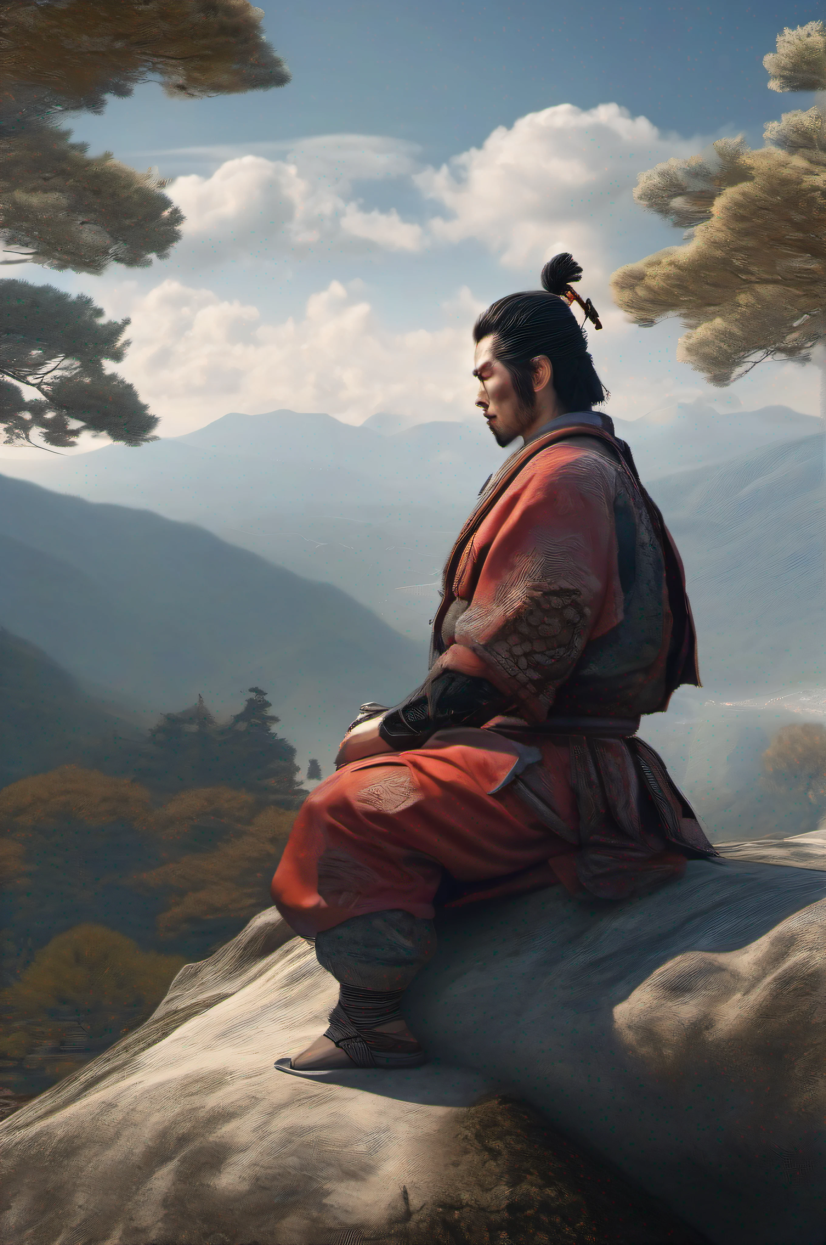 samurai in peace meditating in the mountaint, peaceful image, details, ultra realistic