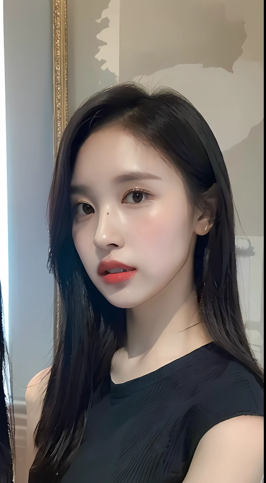 Mina，Black color hair，Married Woman，（best qualtiy，A high resolution，tmasterpiece：1.3），A tall and beautiful woman，Slender abs，white button-down blouse，a black pleated skirt，（Modern architecture in background），The details in the facial and skin textures are beautifully rendered，Detailed eyes，二重まぶた