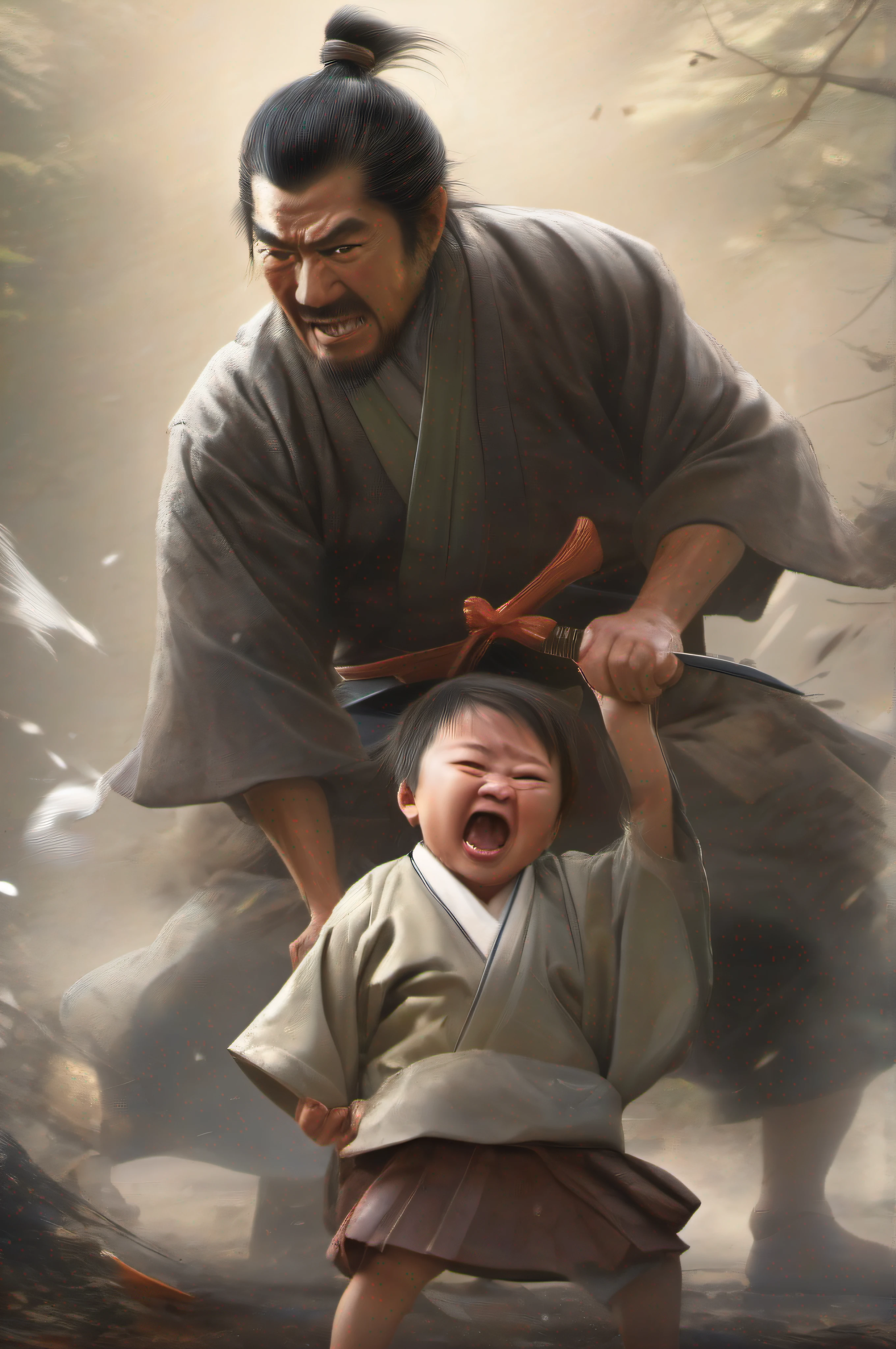 japanese father with angry face throwing a knife at a child, ultra realistic