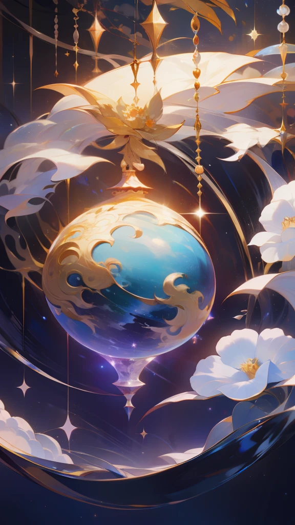 A universe with stars,The Big Bang of Stars,energy sphere,glass flowers,chinesedragon,themoon