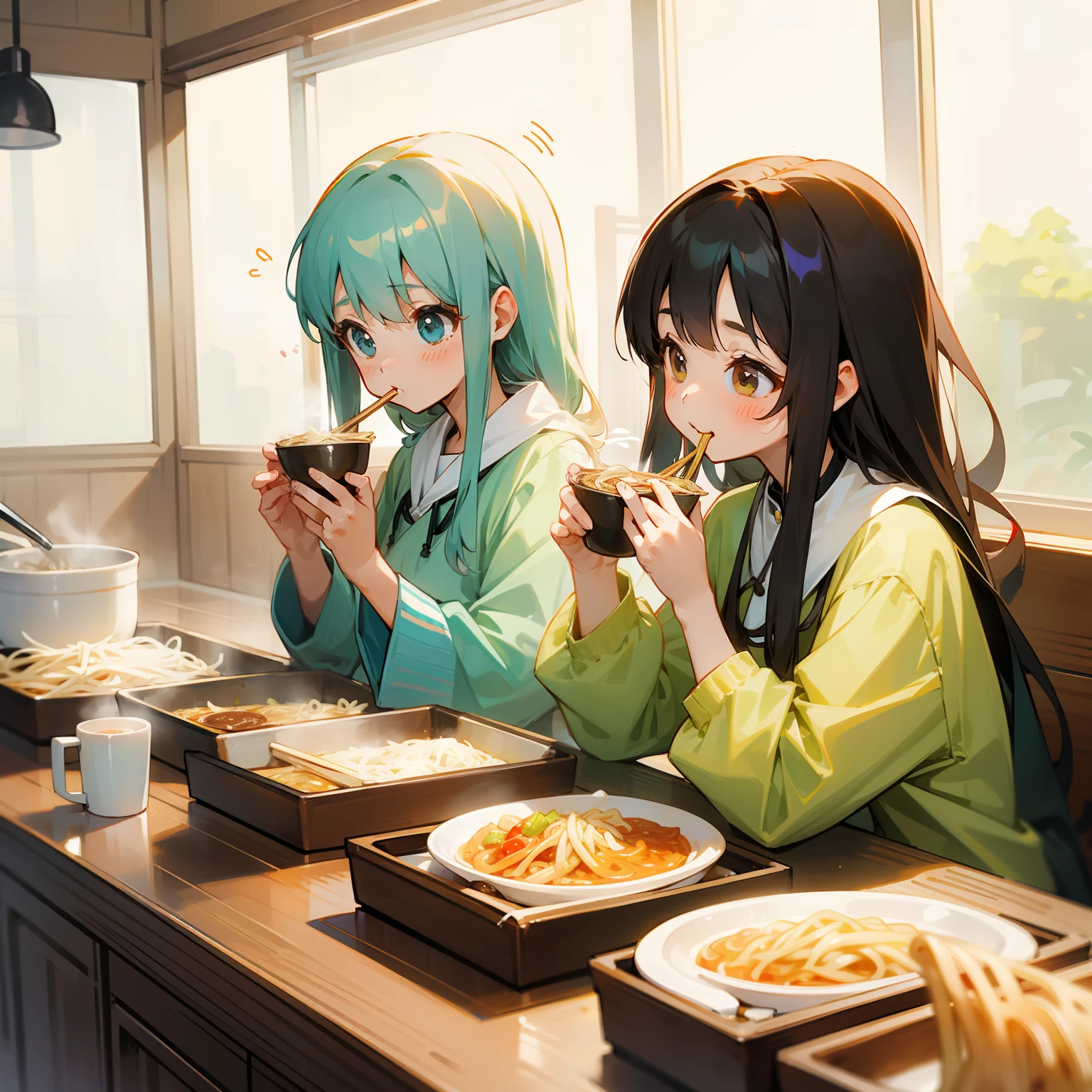 Cute girls, Eating noodles happily。