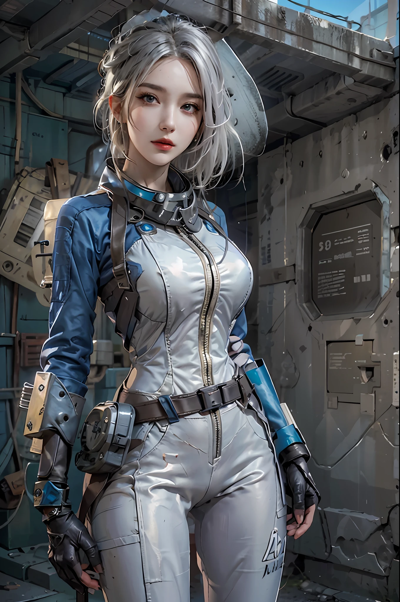 photorealistic, high resolution, 1women, solo, hips up, look at viewer, (detailed face), white hair, long hair, fallout vaultsuit pipboy3000, blue suit