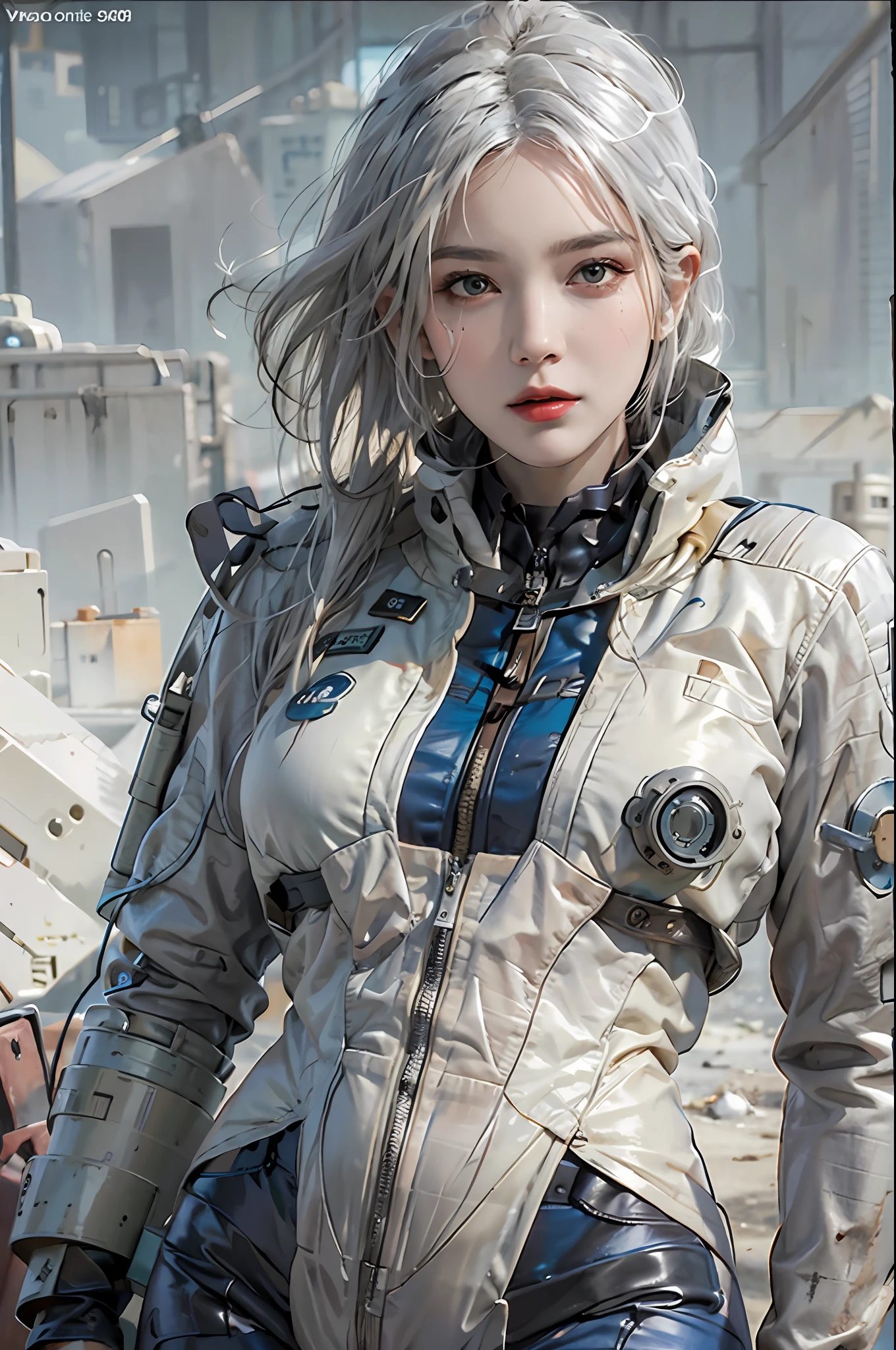 photorealistic, high resolution, 1women, solo, hips up, look at viewer, (detailed face), white hair, long hair, fallout vaultsuit pipboy3000, blue suit