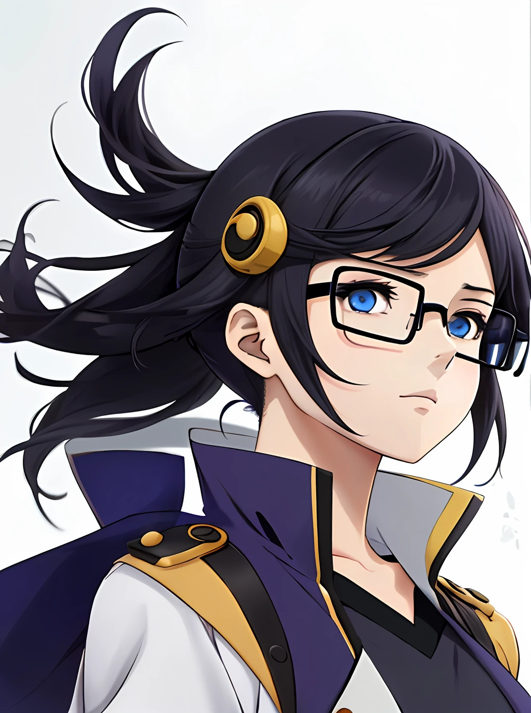 Personagem de anime feminina, 1,60 de altura cabelos lisos e pretos, rosto fofo usando oculos, roupa extremamente curta e apertada ecchi, olhar de vergonha.