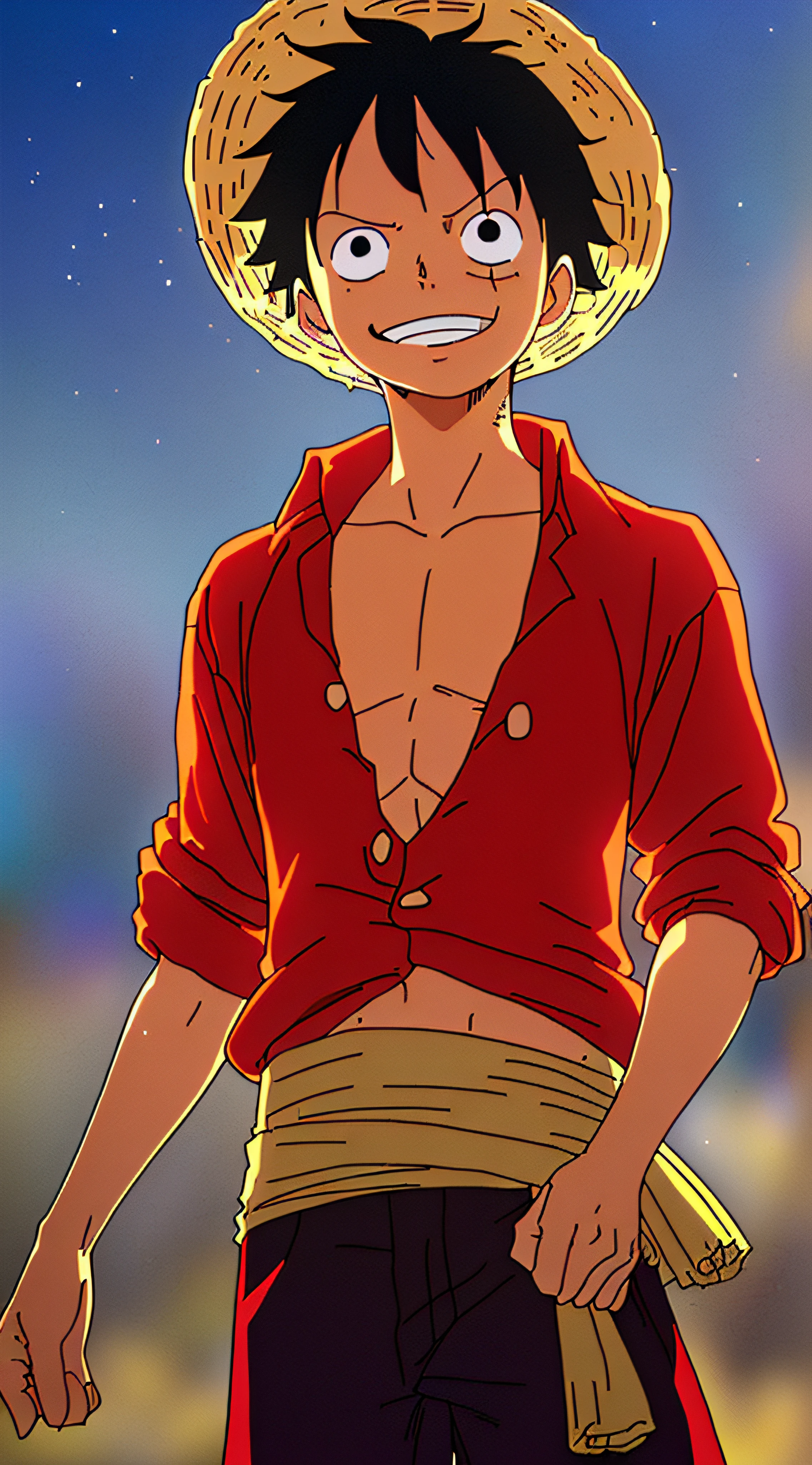 1boy, wanostyle, monkey d luffy, smiling, straw hat, looking at viewer, solo, upper body, ((masterpiece)), (best quality), (extremely detailed), depth of field, sketch, dark intense shadows, sharp focus, soft lighting, hdr, colorful, good composition, smoke all around, spectacular, closed shirt, anime screencap, scar under eye, ready to fight, black eyes, outdoors, night
