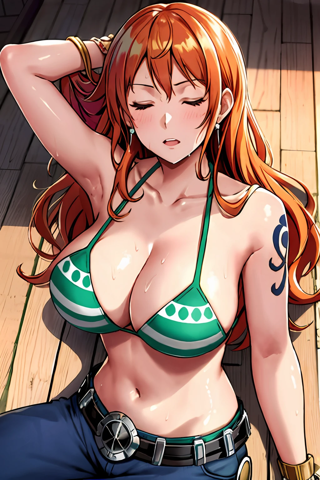 ship deck detailed background, top view shot, masterpiece, 4k, epic, best quality, late youth, adult, milf, athlete body, 1girl, ((wide open mouth, on deck floor, passed out, hidden armpits, completely lying down, lying down on her back, knocked out, closed eyes, left hand straight left, right hand straight right)) , solo, nami \(one piece\), 1girl, bangle, (very wet, drenched in sweat, sweat all over body, very missy hair, tired, open mouth, exhausted, sweaty face, sweaty body, bruises, injury, feeling hot, sweating too much, shiny sweat, serious, hurt, glaring, closed eyes, looking up, perfect detailed face, round face, sweat on face) bold drawing lines, muscular arms, detailed bold arm lines, flat jaw, adult woman, wavy wide streaked bangs, floating bang, (big cheeks), bare shoulders, off-shoulders, belt, bikini, bikini top only, bracelet, springy breasts, breast lines, big round eyes, very big brown shiny eyes, bubbles, high eye position, cleavage, day, denim, earrings, floating hair, shiny hair, green belt, green bikini, bold groin lines, jeans, jewelry, medium breasts, log pose, long hair, looking at viewer, long navel, wet hair, orange hair, pants, shoulder tattoo, sidelocks, sky, solo, stomach, swimsuit, tattoo, detailed arms, big forehead, hourglass figure, small head, toned body, wide hair, wind effect, sun effect, under the sun, narrow small ears angle, older