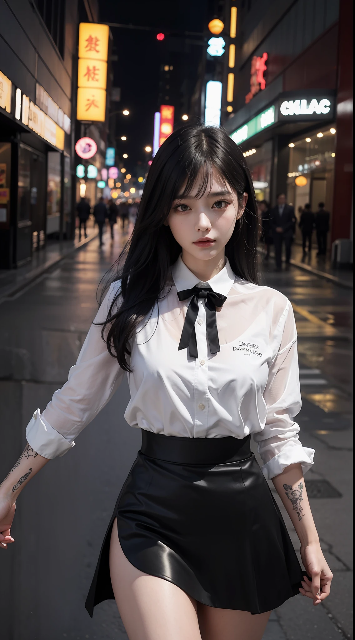 （（addielyn）），Side posture，randome pose，during night，（Extremely delicate and beautiful work），（tmasterpiece），1girll，Professional Dress，White shirt on the upper body，Skirt that wraps hips，There are tattoos on the thighs，blacksilk，Black ribbon lettering，（cleanness：1.4）,Whole body diagram，There are tattoos on the thighs，Extreme detail description，Whole body diagram，dampness，plumw，城市，mall，the street