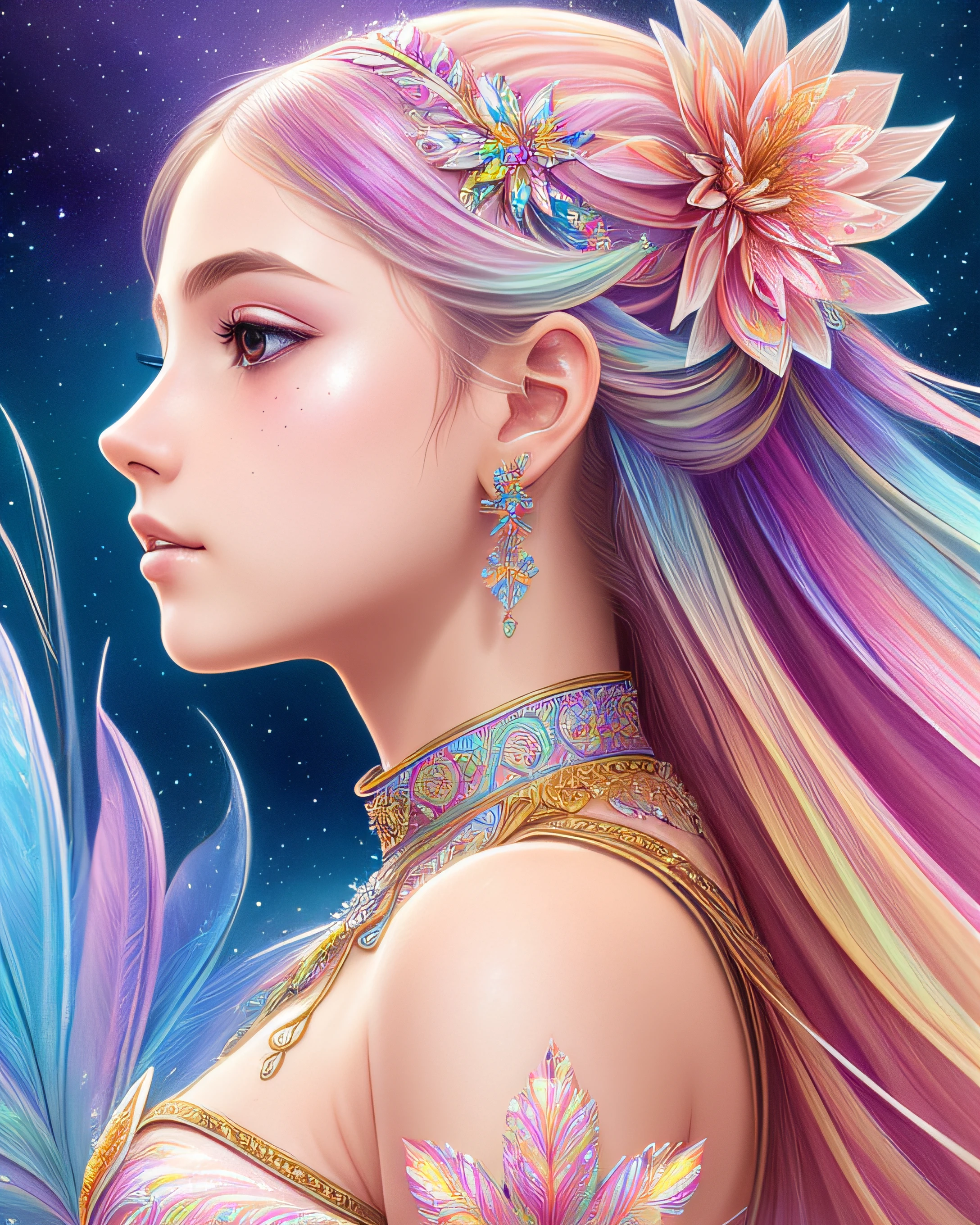 side view of fractal colorfully fantasy girl, full body,  tint feathers, dreamlike, glitters, soft lighting, hyperdetailed, concept art, digital painting, fantasy, flowers, epic, intricate details, sharp focus, trending on artstation, by Bella, oversaturated, rainbow sparkles on background