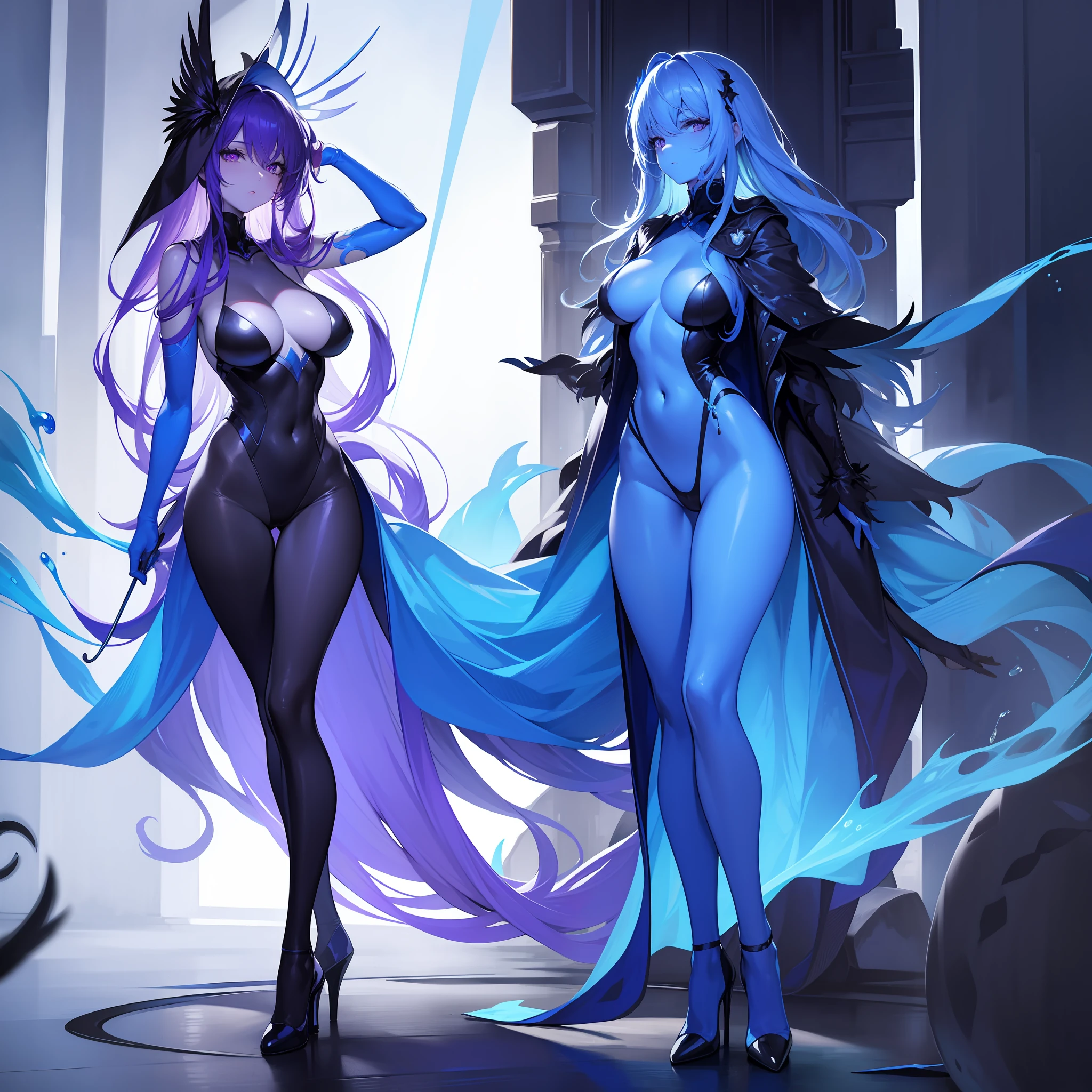 The whole body is covered with blue liquid,exposing her chest,Blue liquid,Beautuful Women,high-heels,blacksilk,Purple eye,are standing,Raised sexy,Cocked buttocks,Long-legged beauty,Thin leg,Mucus gets into the butt