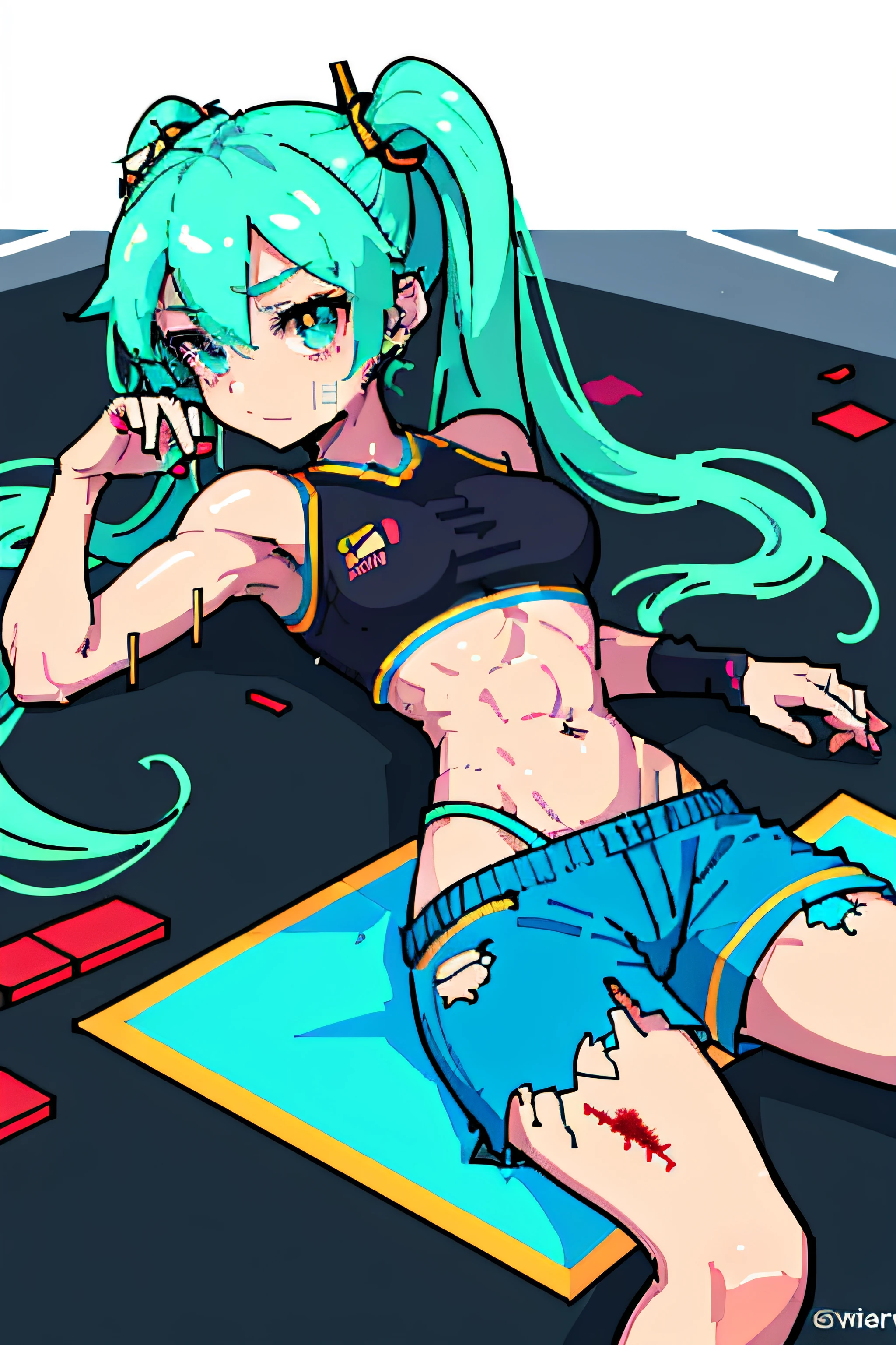 (masterpiece, top quality, best quality), pixel, pixel art, 1girl, hatsune miku, full body, abs, six pack, stomach, belly button, (ripped abdomen:1.6), ((female muscles)), tight clothing, muscular legs, muscular arms, (lying on the floor, dead:1.4), (((sweat))), (((blood))), (((blood)))),