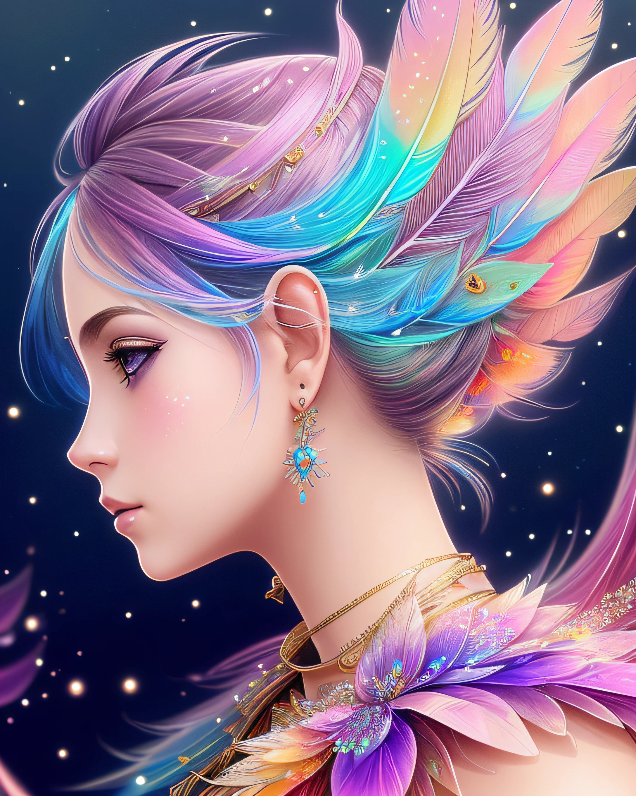 side view of fractal colorfully fantasy girl, full body,  tint feathers, dreamlike, glitters, soft lighting, hyperdetailed, concept art, digital painting, fantasy, flowers, epic, intricate details, sharp focus, trending on artstation, by Bella, oversaturated, rainbow sparkles on background