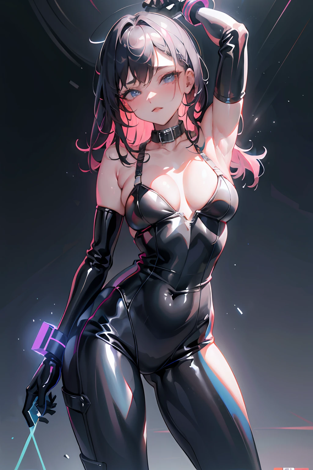 solo, super fine photo, portrait Unreal Engine 5 8K UHD of beautiful girl in a skin tight black latex outfit with blue neon light details, slick black catsuit, black iconic character, smooth black skin, black body, PVC, some black, glossy latex suit, rubber suit, rubber belts, collar, rubber glove, rubber high boots, arm and leg cuffs, straps, cyberpunk world, best quality, masterpiece, official art, unified 8k wallpaper, super detailed, sharp focus, dynamic pose, body parts, no extra limbs, precisely anatomy