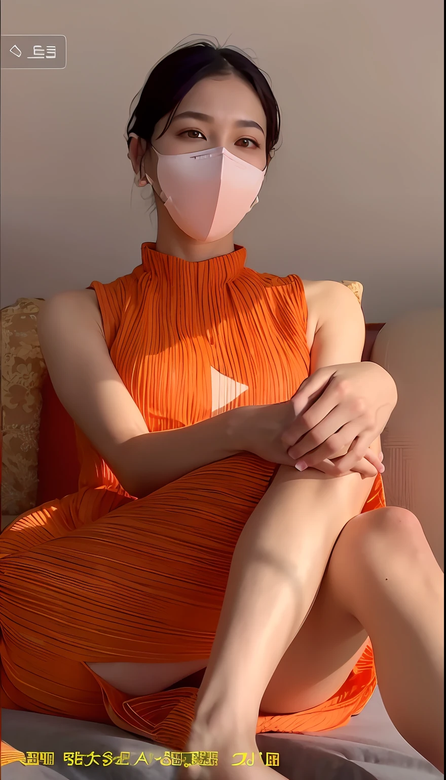 Arad woman in orange dress sitting on sofa wearing mask, low quality video, is wearing  dress, Wearing an orange sundress, Orange skin, korean artist, orange hues, Translucent dress, Orange body, 1 8 I, Bandeau Dress, Sexy dress, Wearing a dress, jia, floating dress, opened dress, su fu, soft silk dress