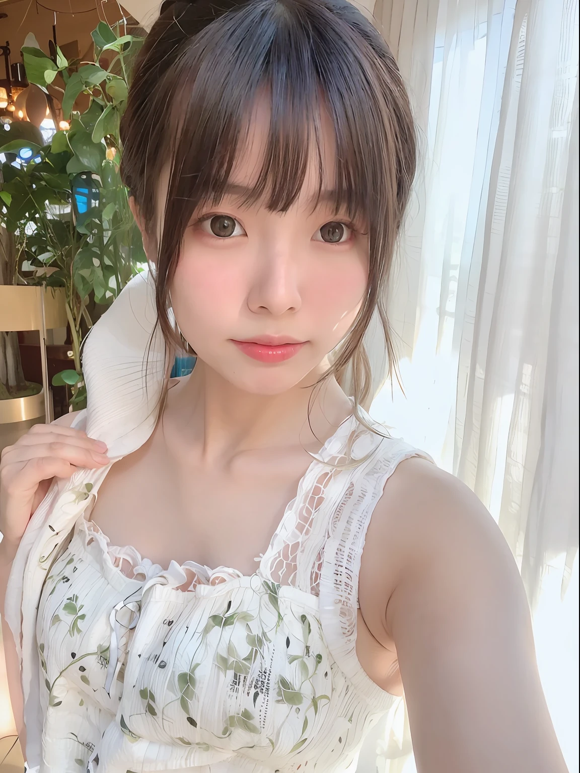 There is a woman standing in a swimsuit, chiho, Realistic Young Gravure Idol, 奈良美智, Shiori Teshirogi, Young Pretty Gravure Idol, Young Gravure Idol, shikamimi, Ayaka, sayori, けもの, Sui Ishida, Ayami,white bikini swimsuit,japanes,sixteen years old,hi-school girl,cute - fine - face, sayori,white swimwear,realistic atmosphere,Breasts are big(D-cups),fair white skin,shinny skin,Delicate skin,Faces depicted in detail,Skin depicted in every detail,Looking at the camera,Cute smile,Turn around and smile,There is a little cleavage,Small face,小柄,The face is small,Hairstyle is ponytail,thin eyebrows,tthin eyebrows,The chest is taut,Private beach in a rich hotel,I don't have anything in my hands,realistic atmosphere,Atmosphere in the photo,