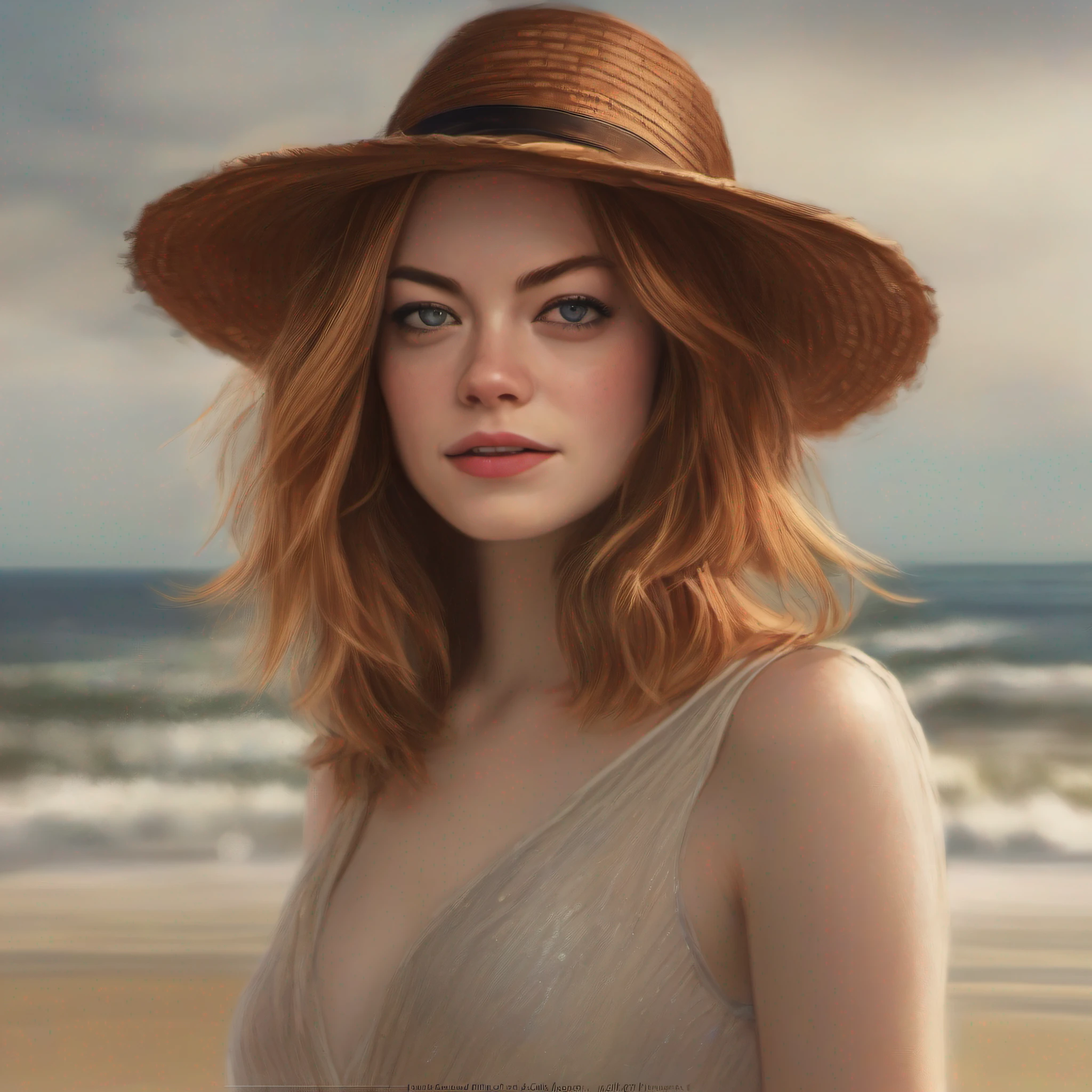 Emma Stone, linda, cabelos escuros, fundo desfocado, praia, dia, alta resolução, realista