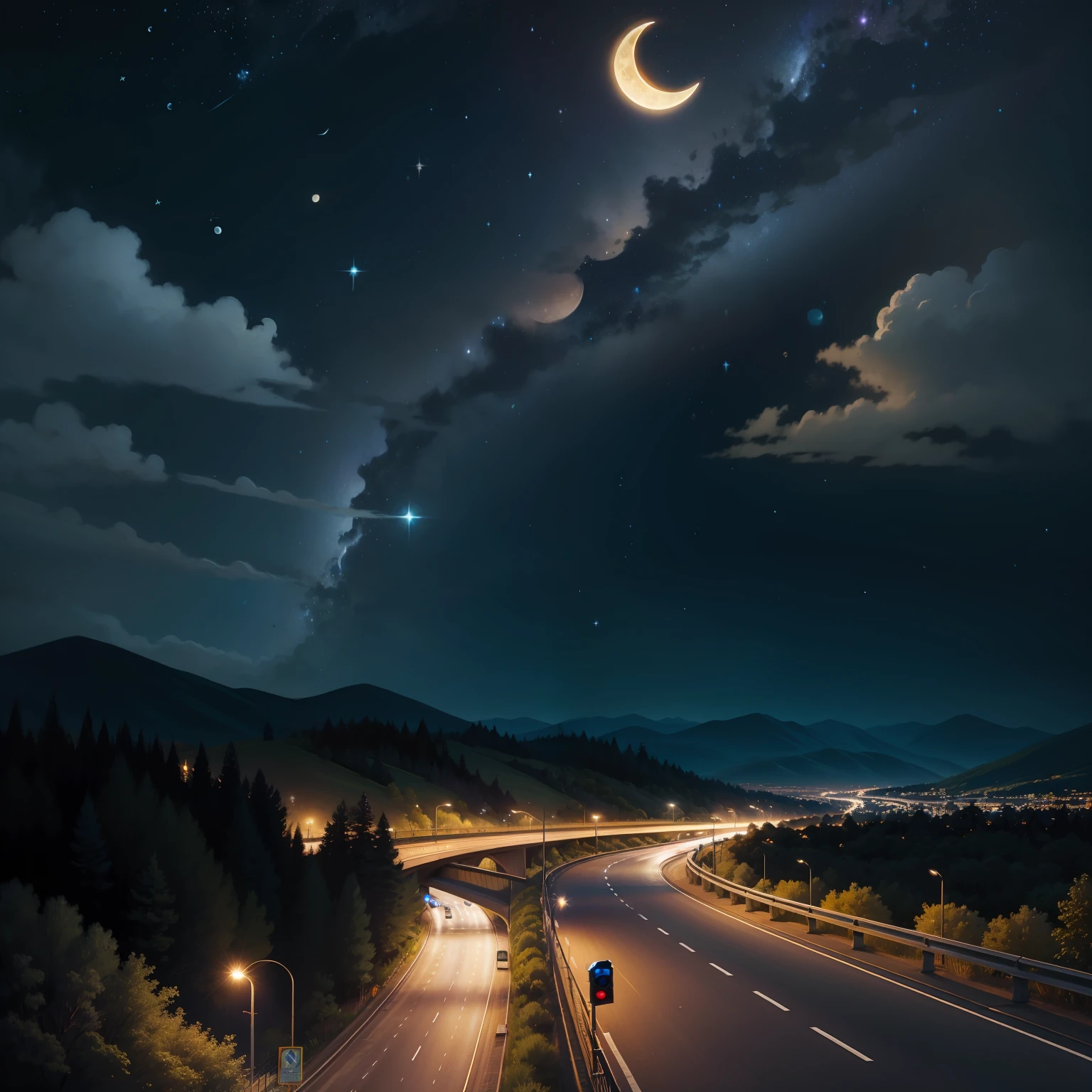 Scenery: midnight, highway, street lights, hillside, crescent moon, starry sky