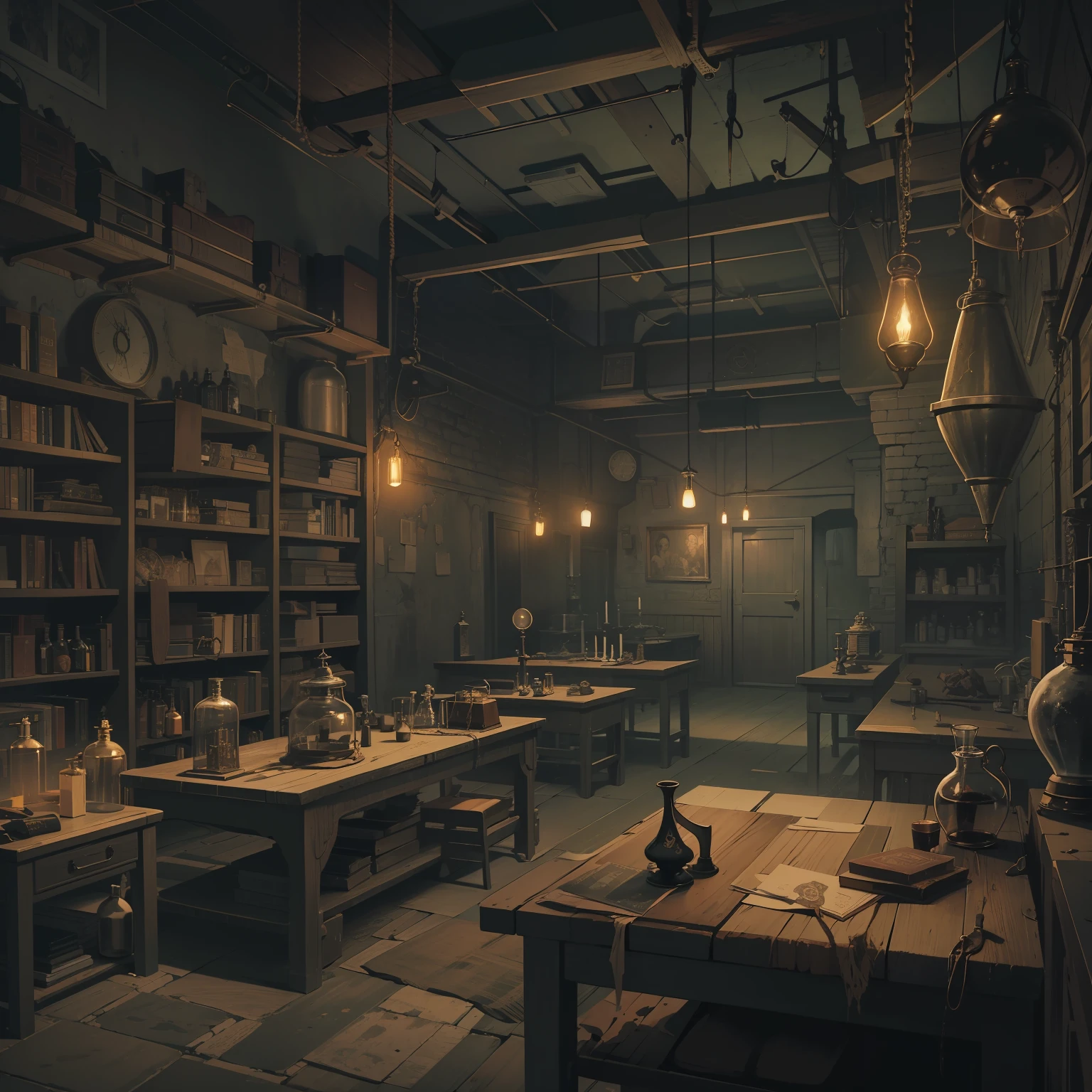 Room in the dungeon, gloomy and frightening, Necromancer Lab, lyceum, Student halls, a large experimental hall with anatomical tables standing in a row, on which lie like corpses ,so are living people chained hand and foot, On the side there are tables with flasks, flasks, Different tools, There is a gloomy atmosphere around, Only the dim light of the lamps illuminates the room, higly detailed, vibe, dread, horror art, surrealism , hyper-detailing, colored drawing.