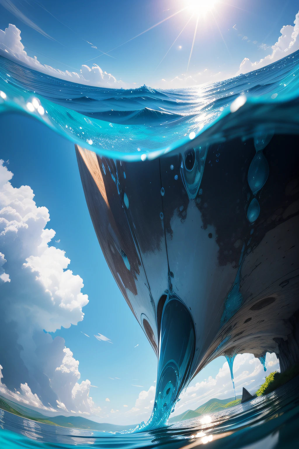 no humans, scenery, vanishing point, from below, masterpiece, best quality, 8k, absurdres, water surface, summer, noon, sunlight, blue sky, perspective, depth of field, highres, finely detail, ultra-detailed, sharp focus