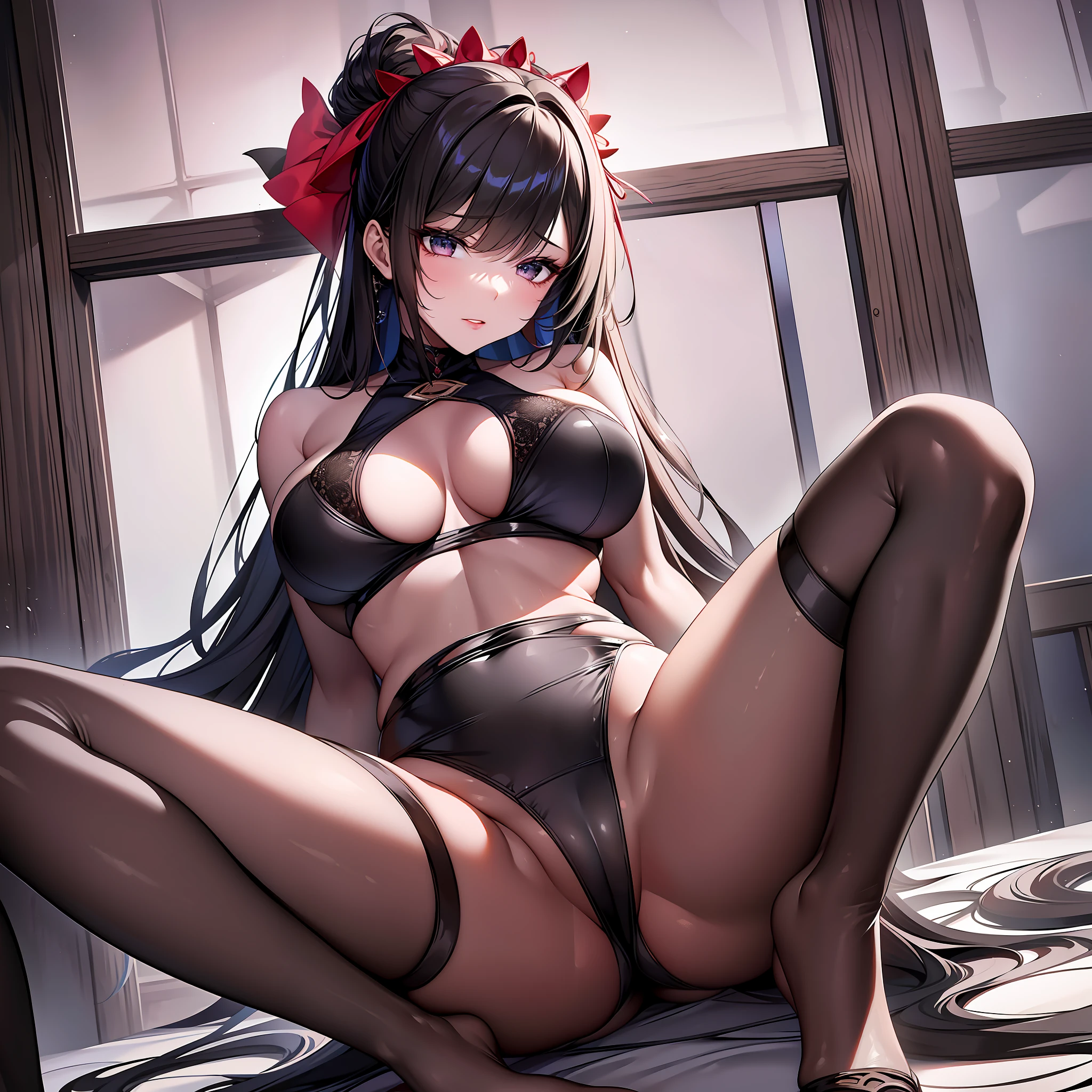 (Top quality, Masterpiece: 1.2), 1girll, Beautiful, Cute, Beautiful, Style, Sexy, elegant, Attractive, Sexy, Beautiful and Well-groomed face, Beautiful eyes, Beautiful hair, Smooth skin, Beautiful mouth, Smooth feet, Balanced body, fashionable with a change of clothes, Mizuki Yukikaze, Hair ribbon, competitive swimsuit, Black Themes，grabbing her own breasts，legs that open，Sexual suggestiveness，Be red in the face