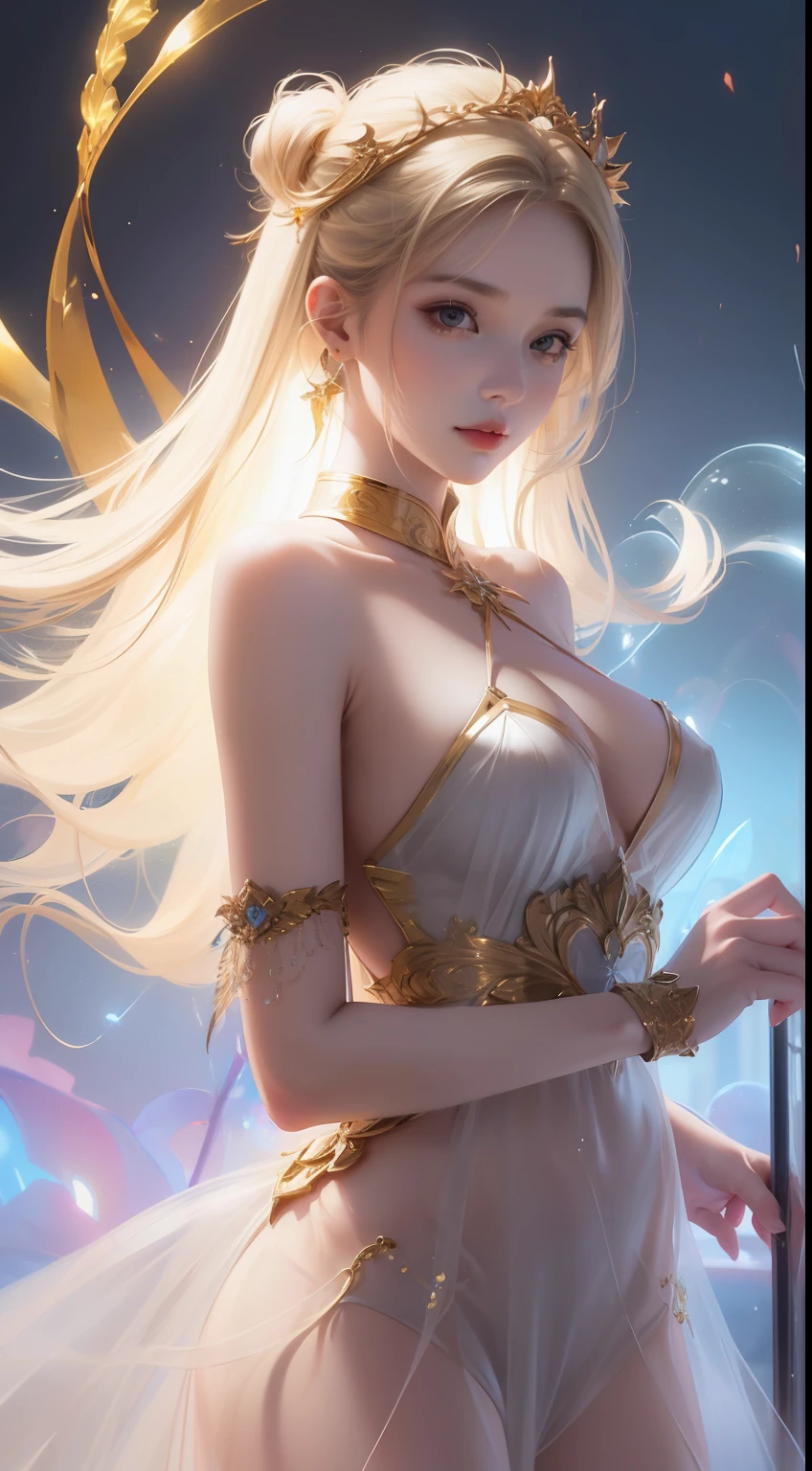 (((A girl)),delicated face,The face of Eros,Good looking Chinese woman,Cover your mouth and laugh,Abstinence,Large breasts,Superskirt,Golden paradise,Irridescent color,The Arthur effect, Transparent body, Gradient translucent glass melt, Caustics, transparent glass texture, Irridescent color, Designed by Dietrams, Simple, Glows in high detail, white backgrounid, industrial design, studio lit, C4D, OC renderer, Clean shadows, 4K