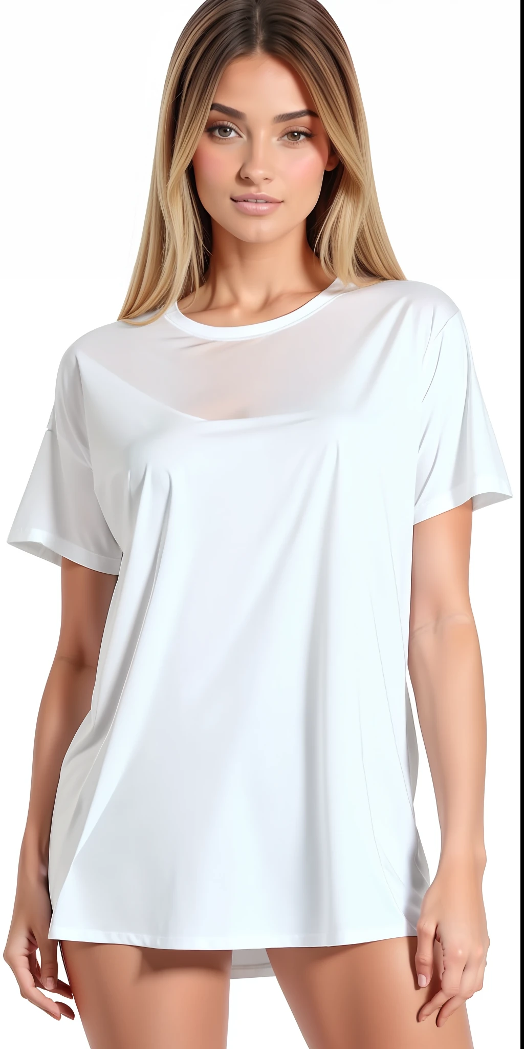 uma mulher linda de cabelos Brown ondulados vestindo uma camisa justa branca, camisa rasgada, lavagem neon branco, Roupa branca rasgada, com corte rasgado t - camisa justa, artista vestindo limpo, camiseta molhada, Roupas rasgadas, T-shirt branca justa, camiseta branca