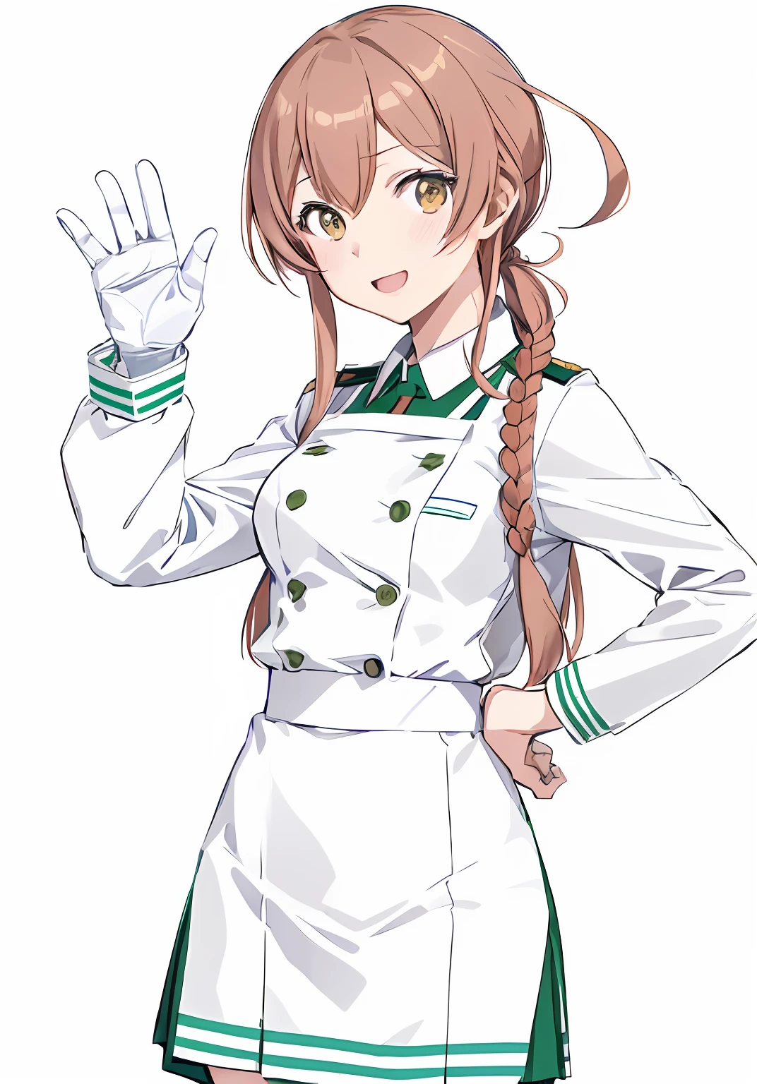 Color illustration of woman in uniform waving, Female protagonist 👀 :8, marin kitagawa fanart, Kantai Collection Style, chihiro! fujisaki, shinkai makoto, illustrious makinami, wearing rr diner uniform, ( woman samurai ) girl, JK Uniform, chiaki nanami from danganronpa, Makoto, cushart krenz、