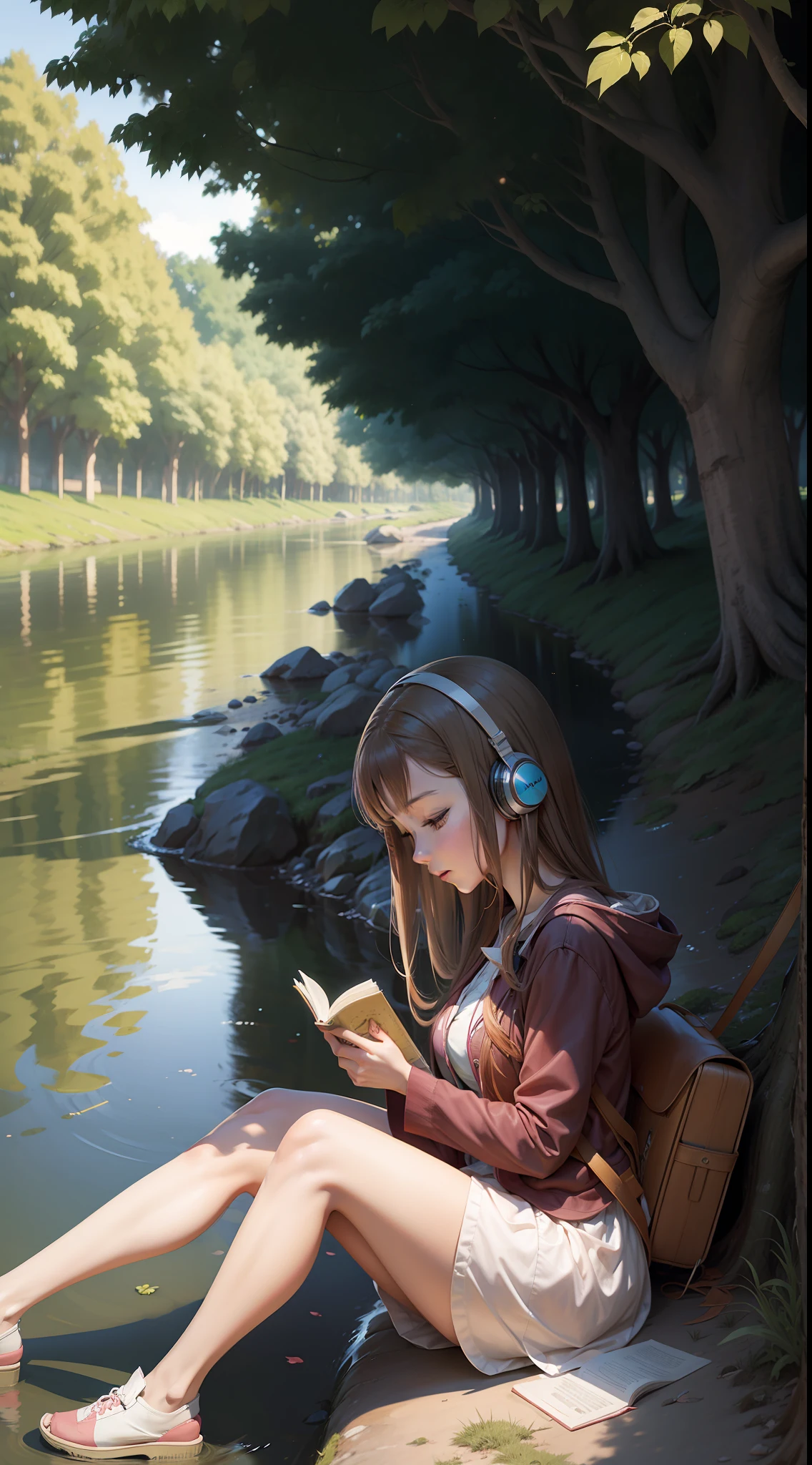 "An anime girl reading while listening to music under a tree near a river."