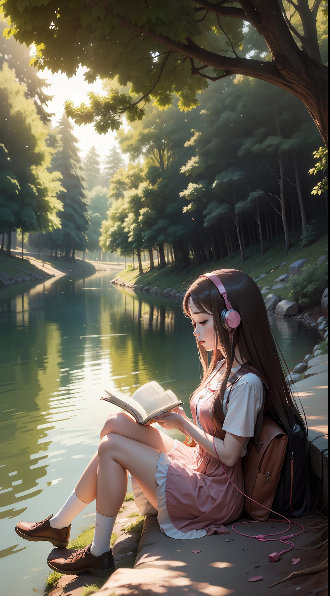 "An anime girl reading while listening to music under a tree near a river."